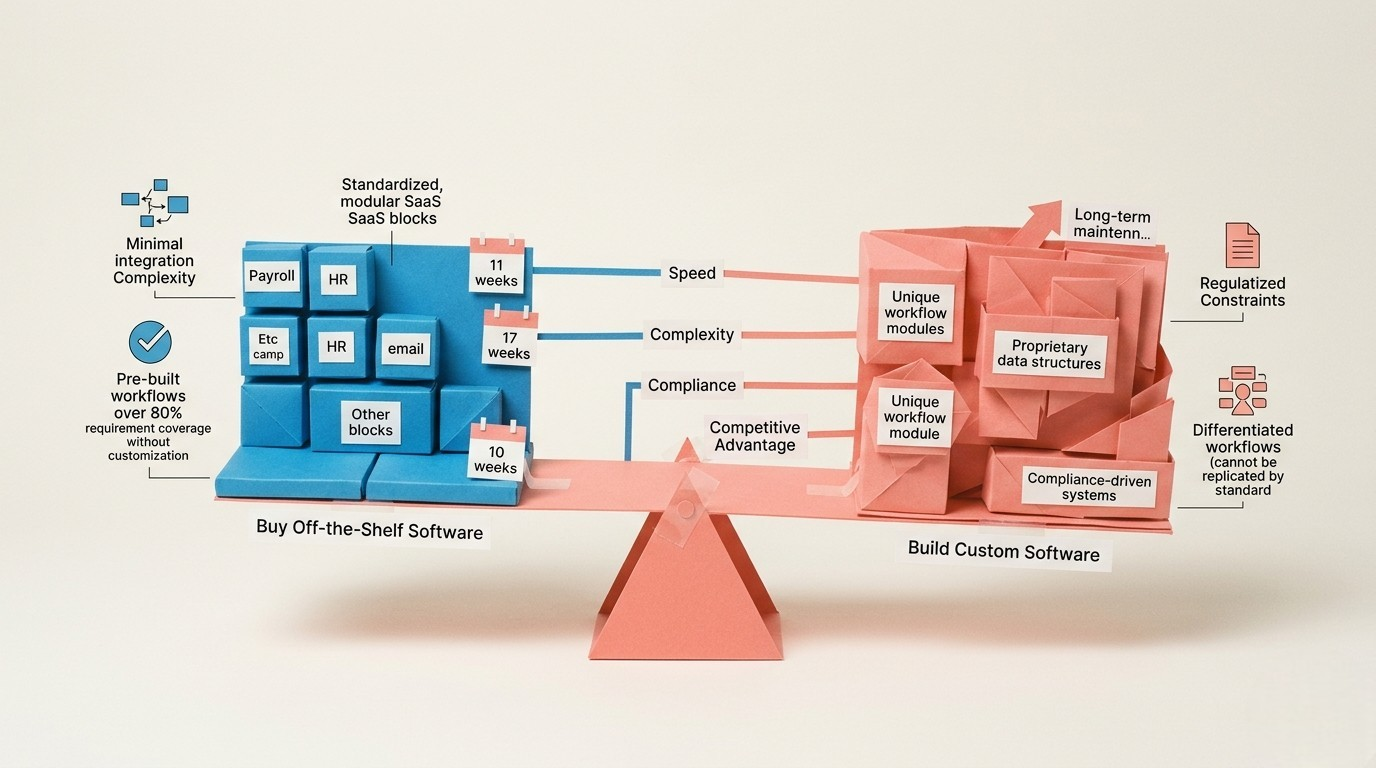Build versus buy software decision comparison checklist side-by-side infographic