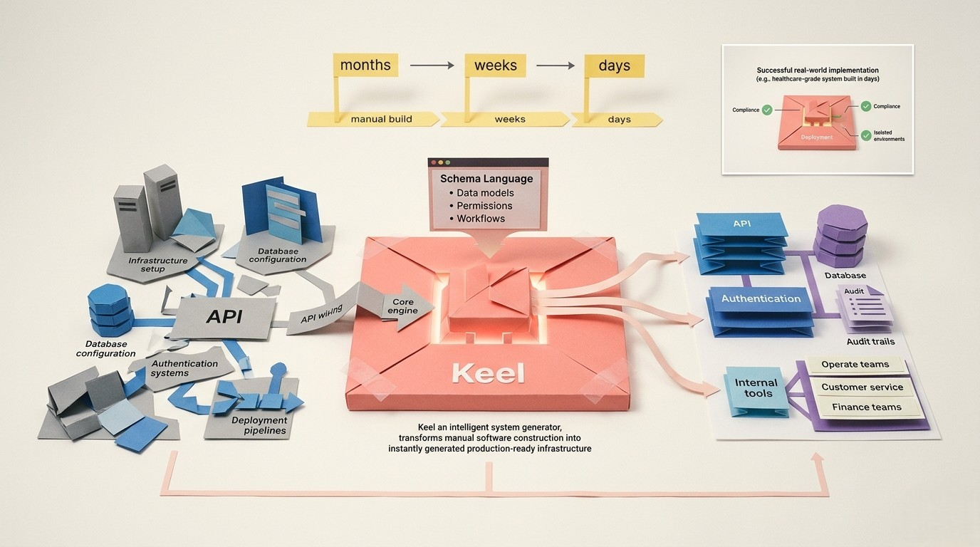 Keel platform dashboard showing schema-driven backend generation and internal tools interface