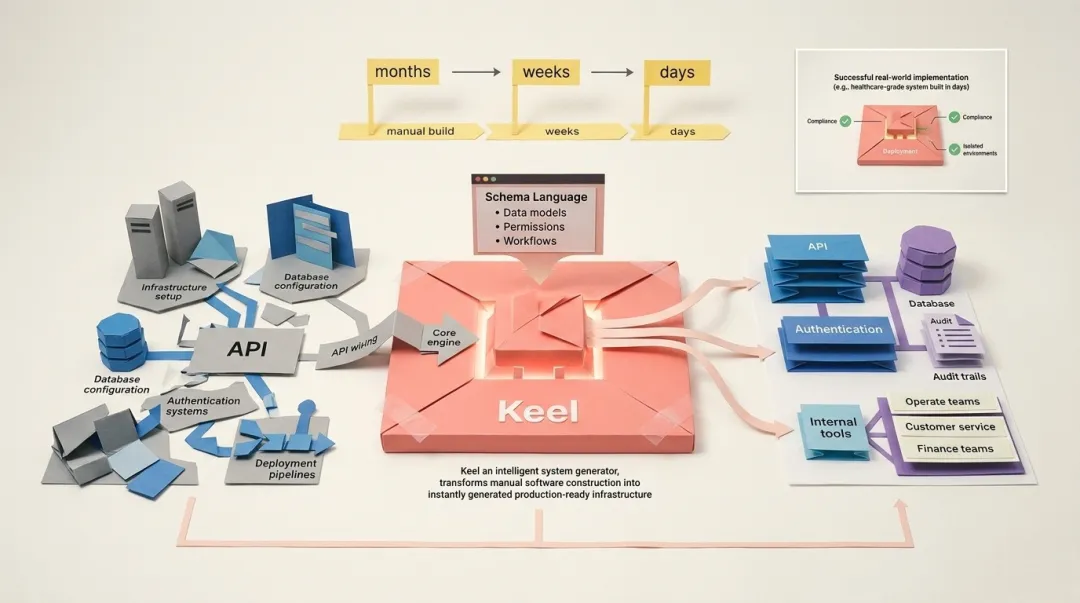 Keel platform dashboard showing schema-driven backend generation and internal tools interface