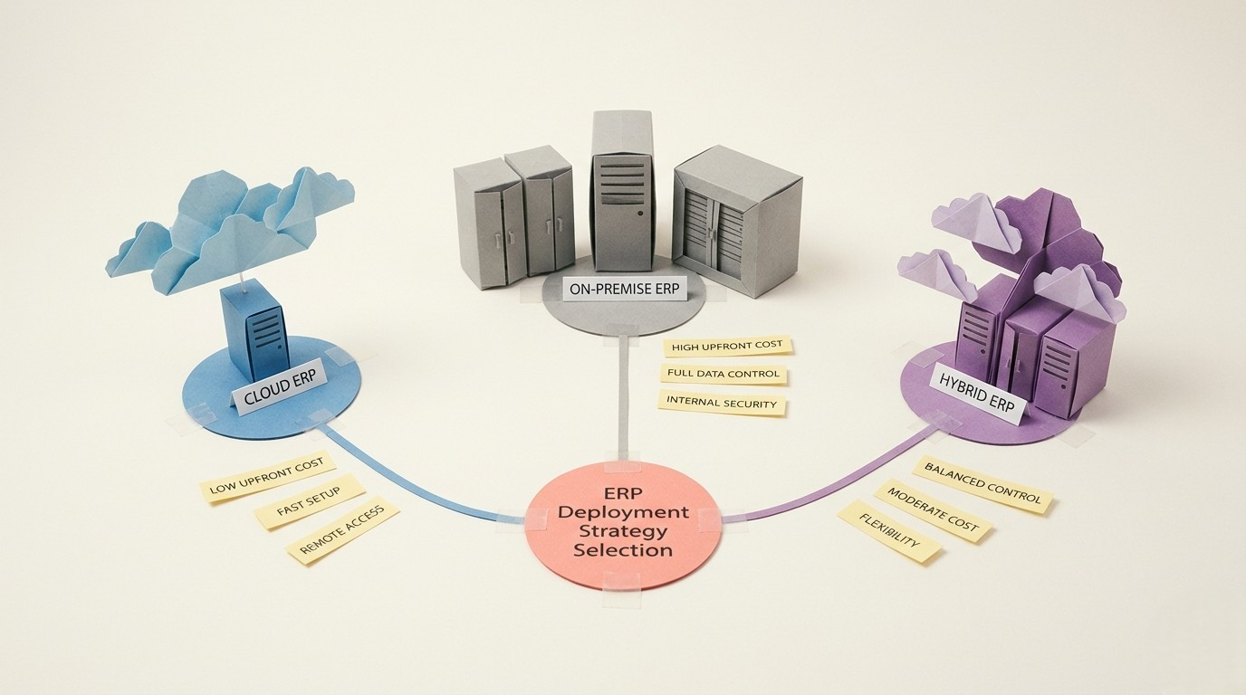 Three ERP deployment models comparison cloud on-premise and hybrid trade-offs breakdown