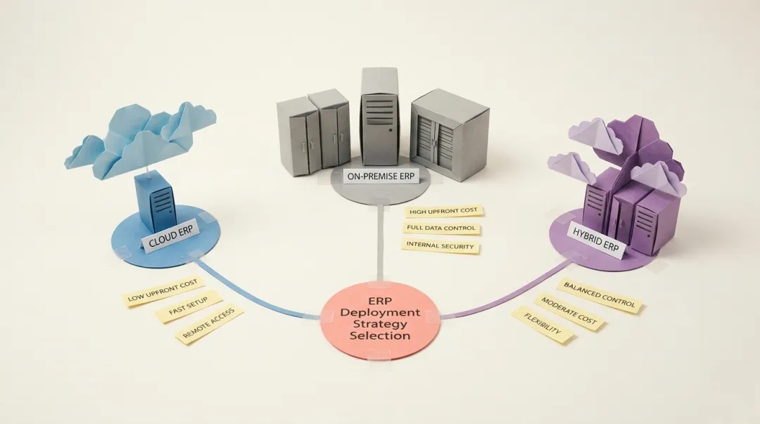 Three ERP deployment models comparison cloud on-premise and hybrid trade-offs breakdown