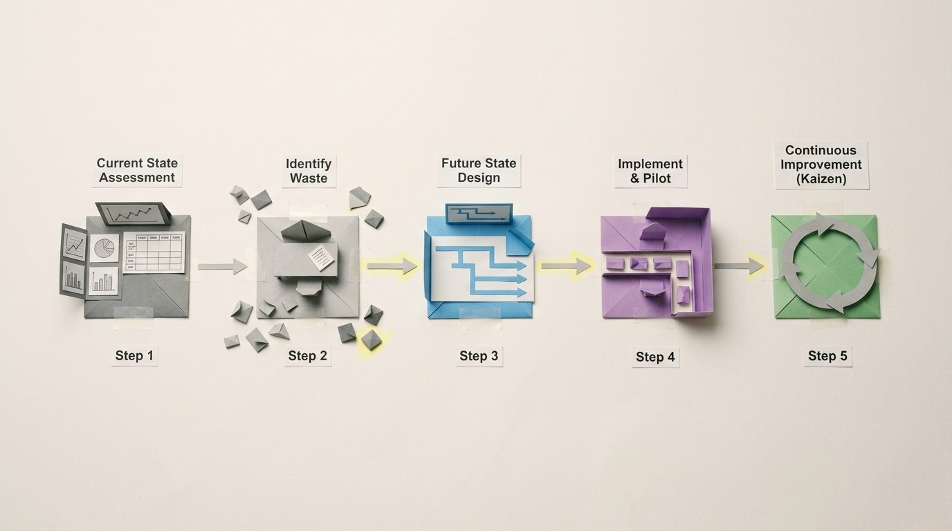 5-step lean manufacturing implementation process flow from assessment to continuous improvement