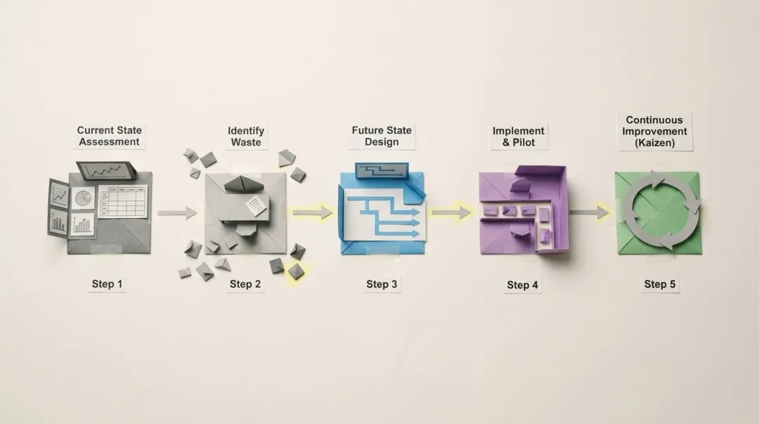 5-step lean manufacturing implementation process flow from assessment to continuous improvement