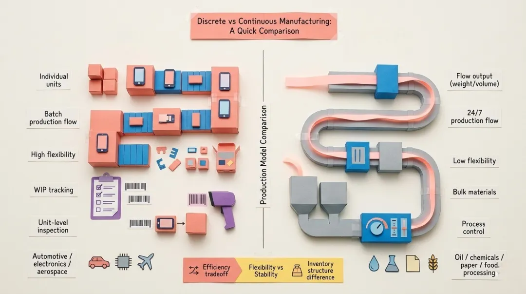 Discrete versus continuous manufacturing six-dimension side-by-side comparison infographic