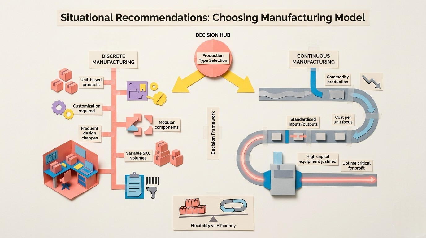 Discrete versus continuous manufacturing decision framework five-factor selection guide