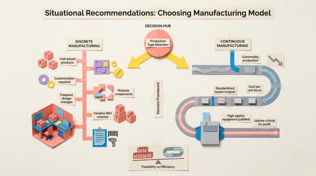 Discrete versus continuous manufacturing decision framework five-factor selection guide