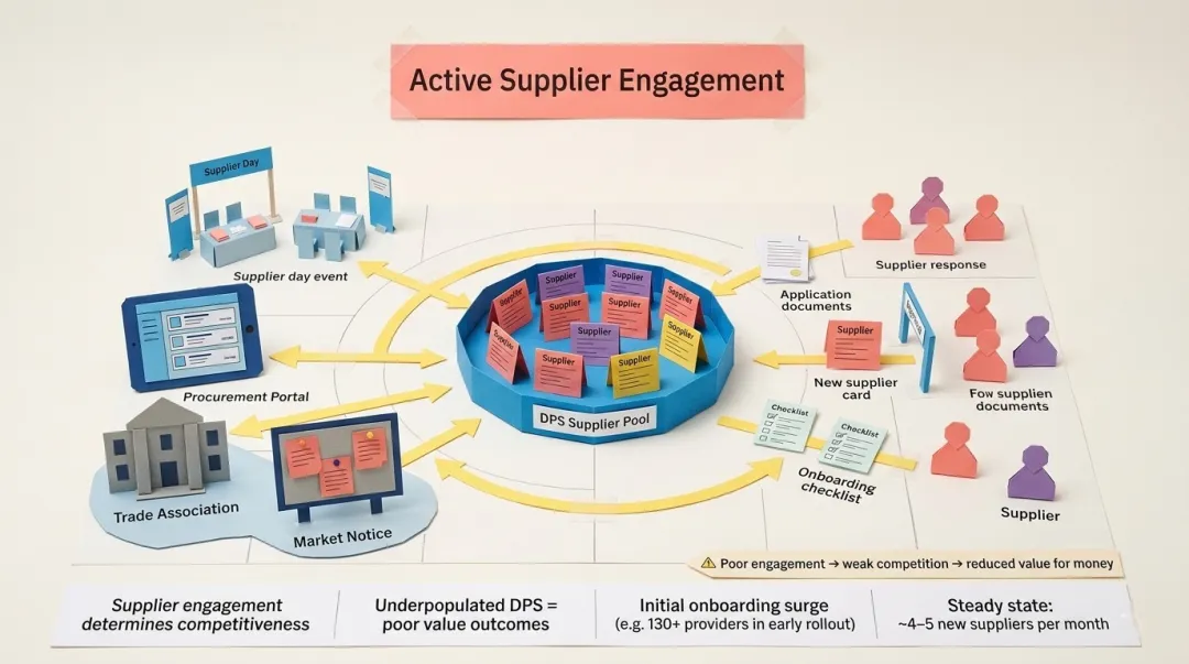 Procurement team actively engaging diverse group of suppliers at onboarding event