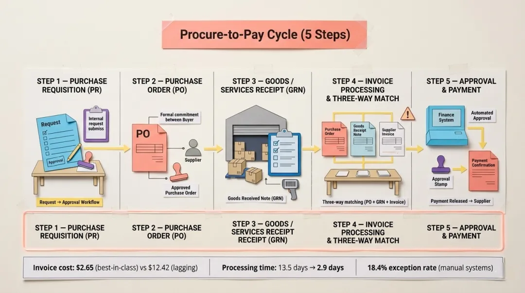 5-step procure-to-pay cycle process flow with cost comparison statistics