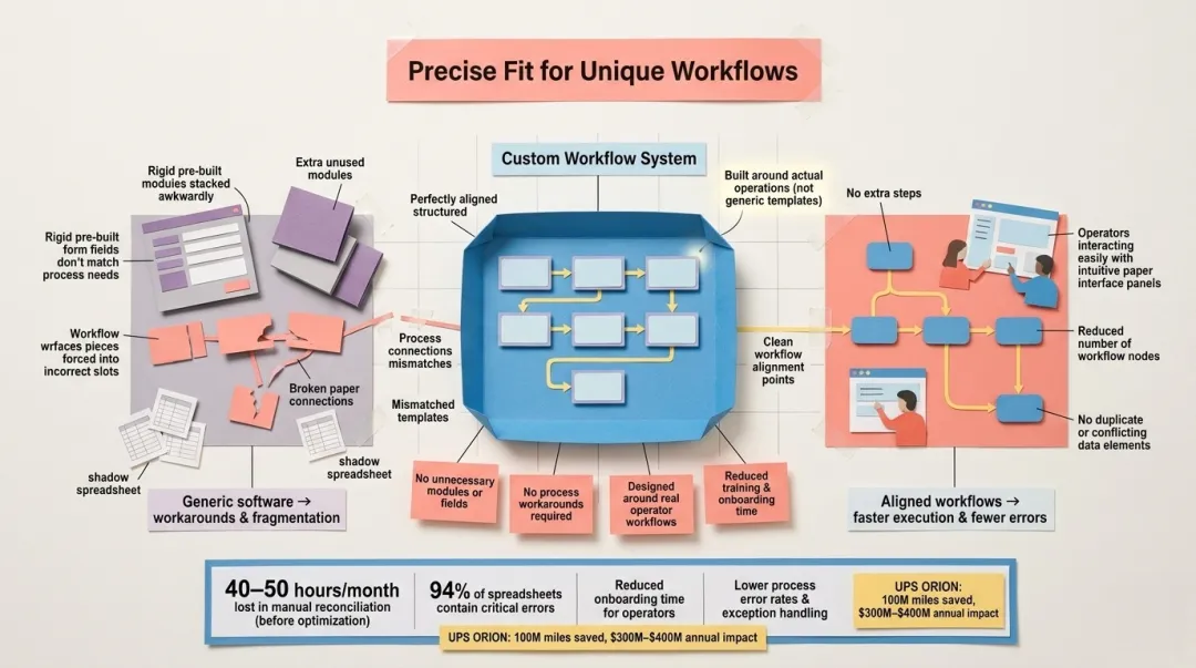 Operational cost of generic software versus custom workflow fit side-by-side breakdown