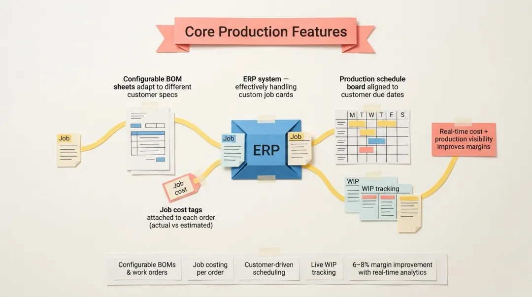 Four core MTO ERP production features process flow diagram with business outcomes