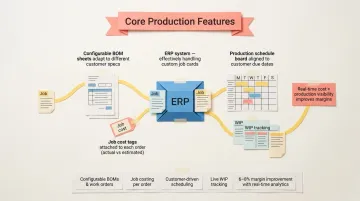 Four core MTO ERP production features process flow diagram with business outcomes