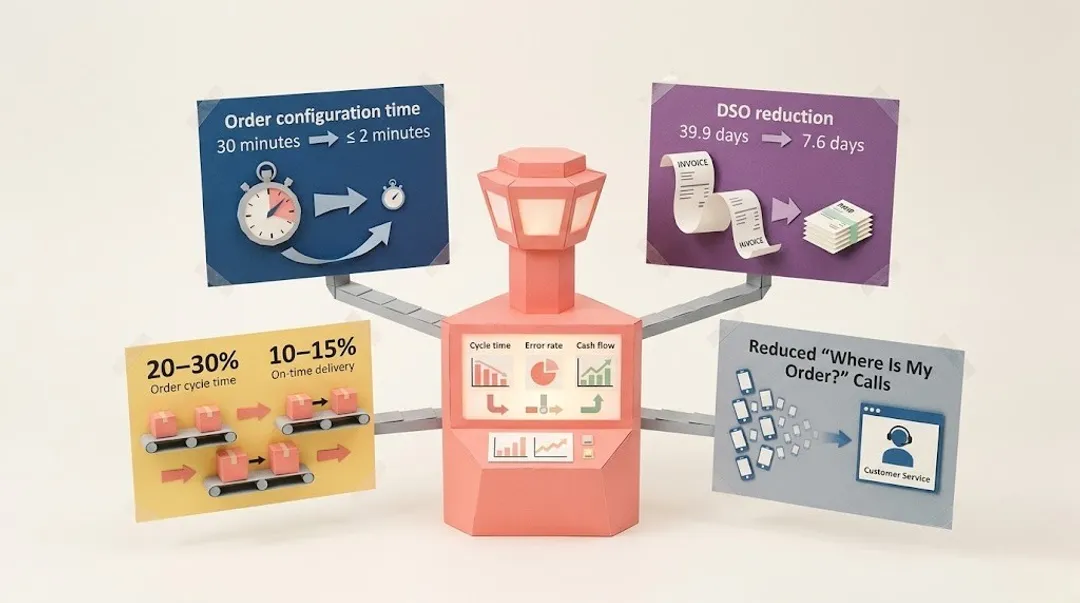 ERP fulfilment key performance statistics showing error reduction cycle time and DSO improvements