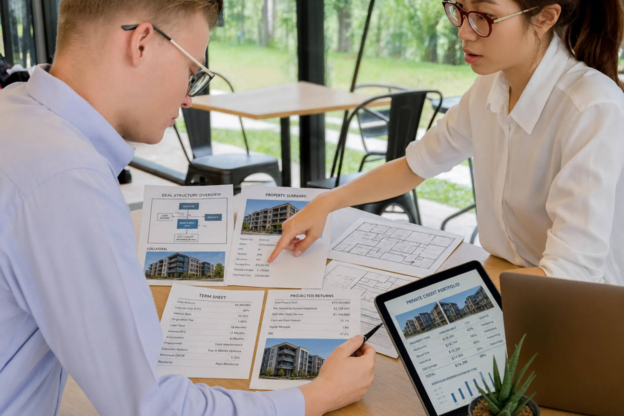 Private credit fund investment team analyzing commercial real estate financing deal