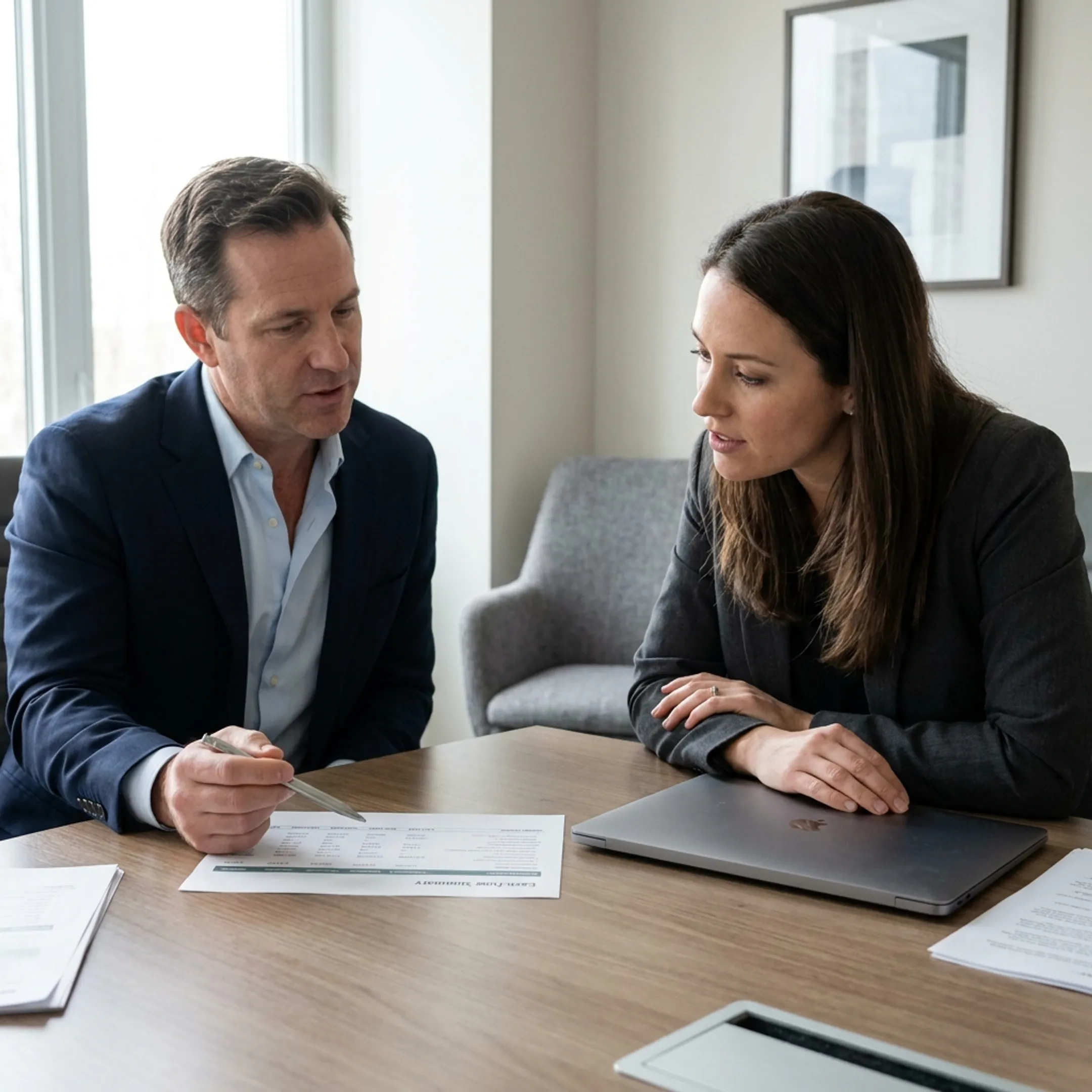 Financial advisor explaining investment property loan structures to an investor
