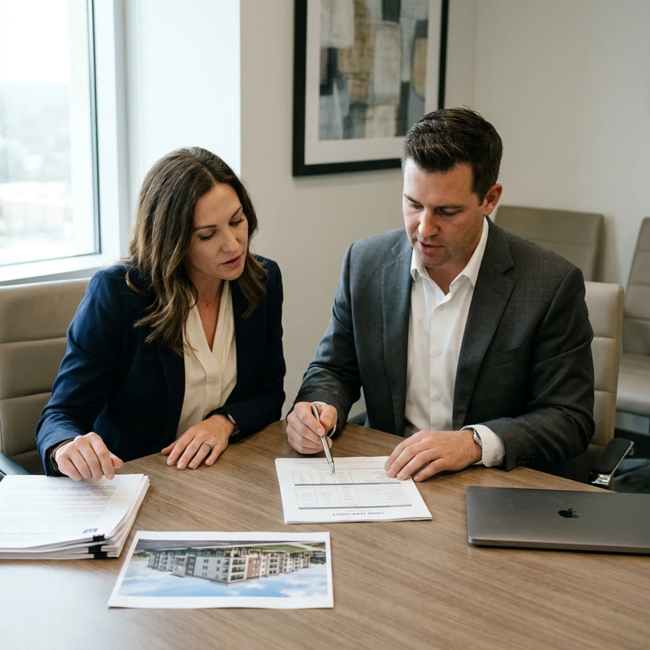 Real estate investor reviewing bridge loan documents with a financial advisor