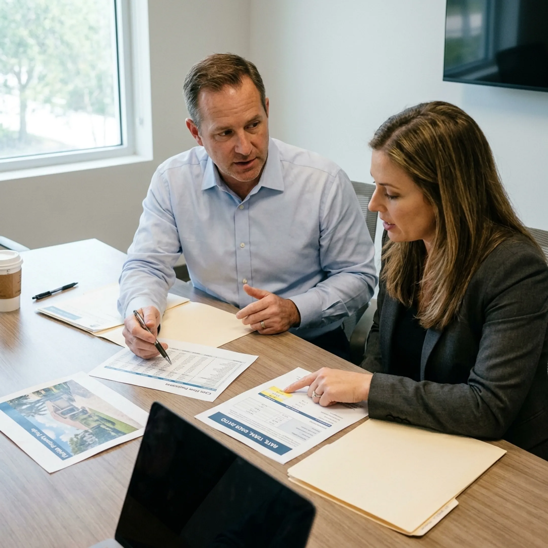 Florida real estate investor reviewing property loan options with financial advisor