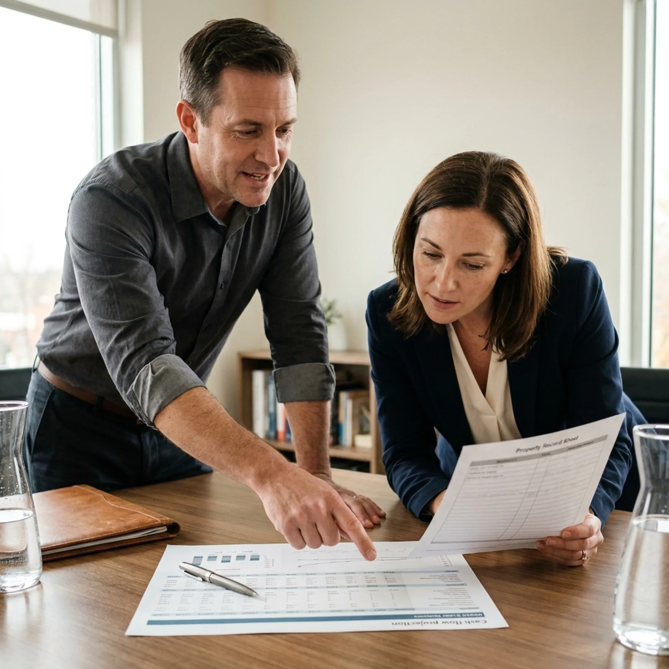 Investor reviewing commercial property refinance strategy with financial advisor