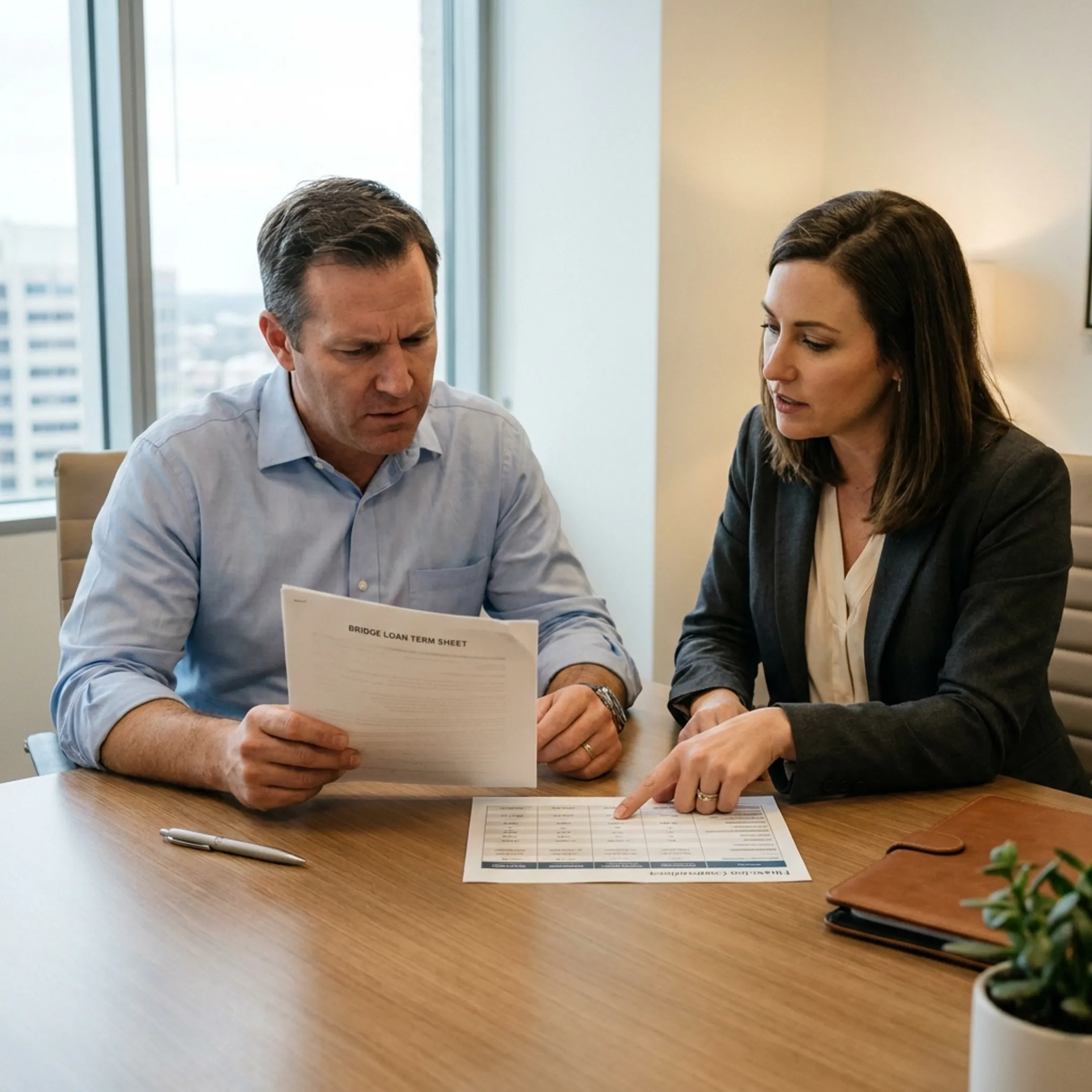 Real estate investor reviewing bridge loan documents with a financial advisor
