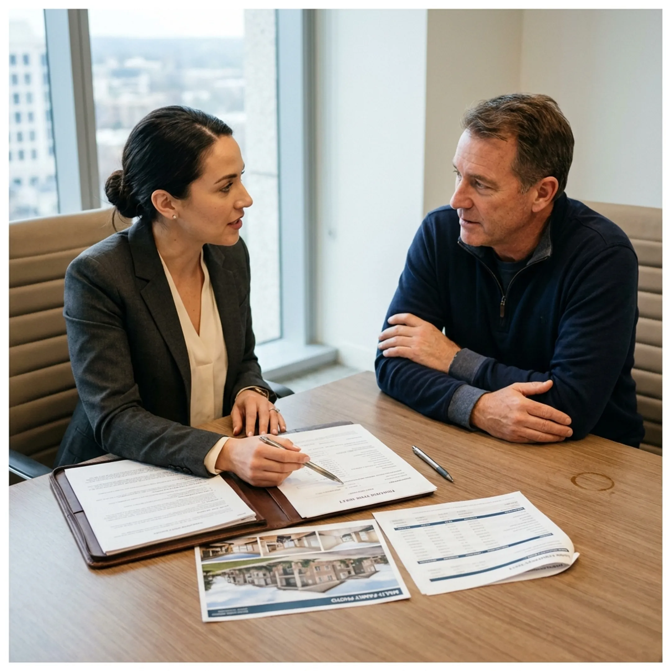 Financial advisor explaining investment property financing options to an investor