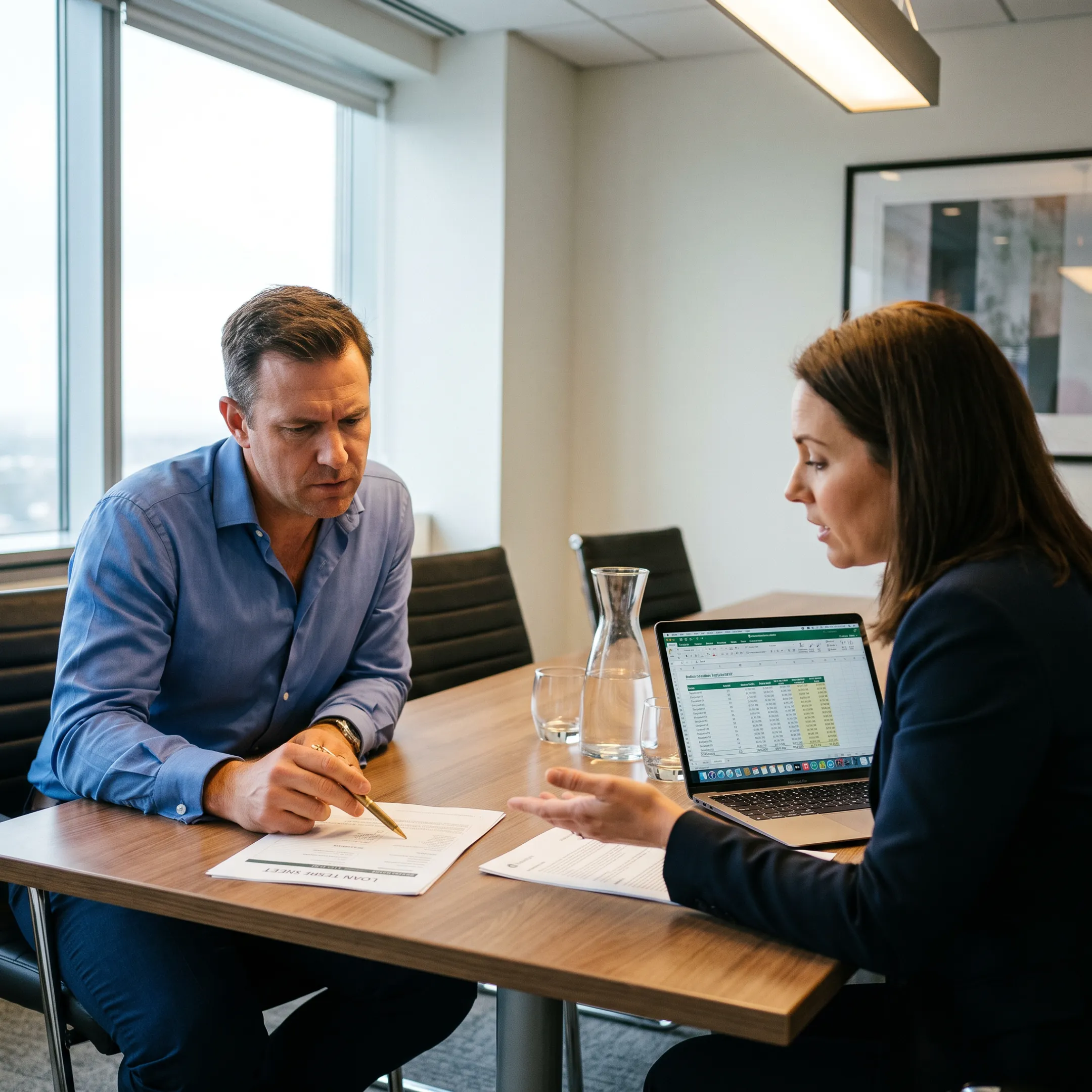 Investor reviewing investment property loan documents with a financial advisor