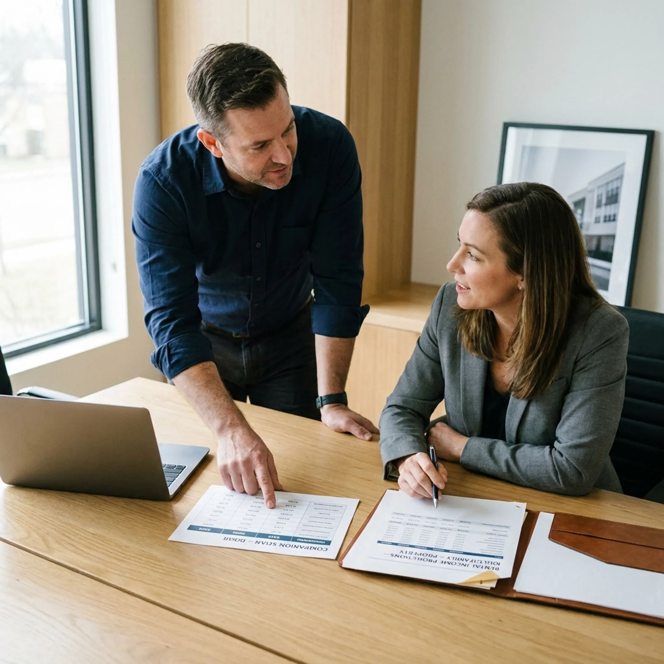 Investor and mortgage advisor discussing investment property financing