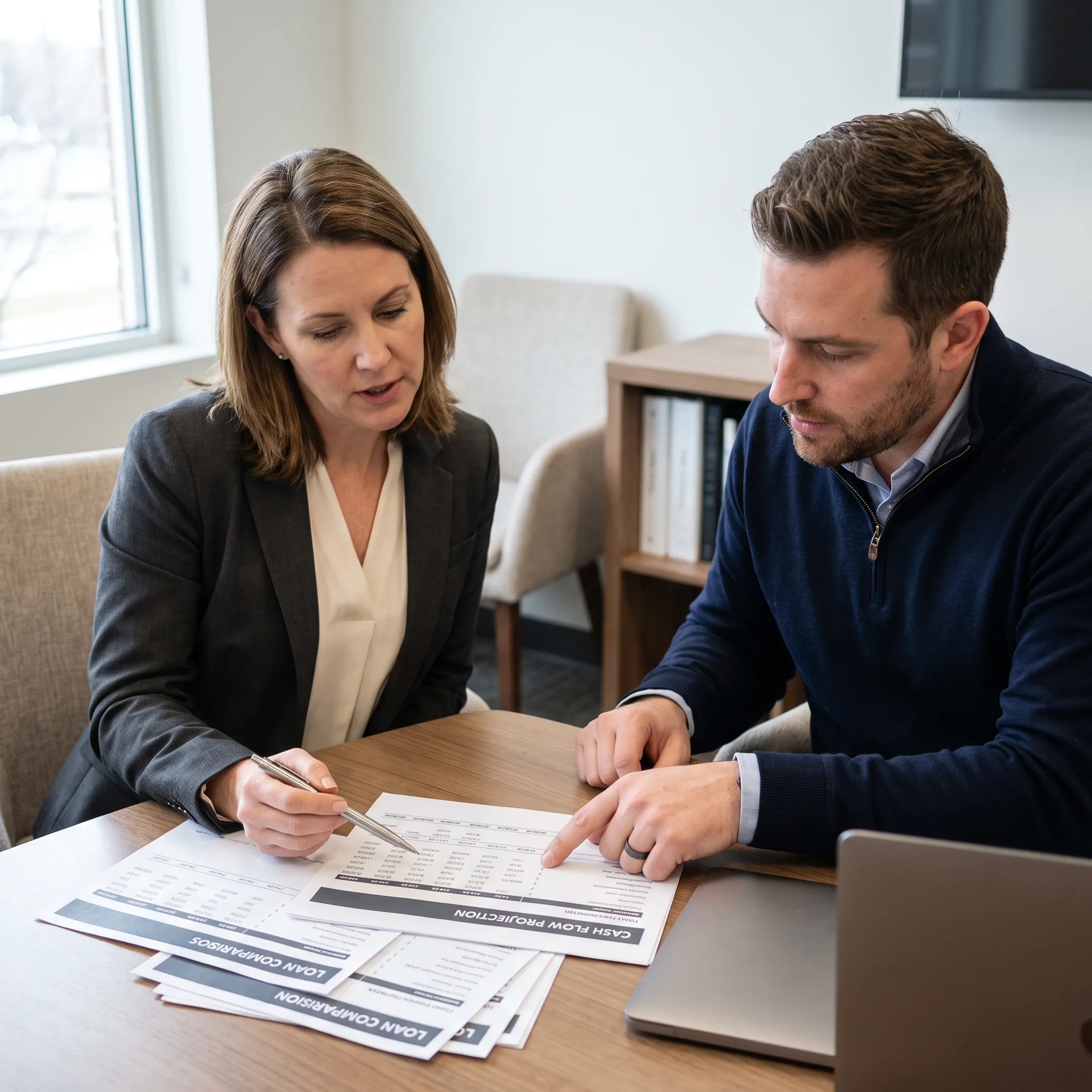 Mortgage broker reviewing investment property loan documents with a real estate investor
