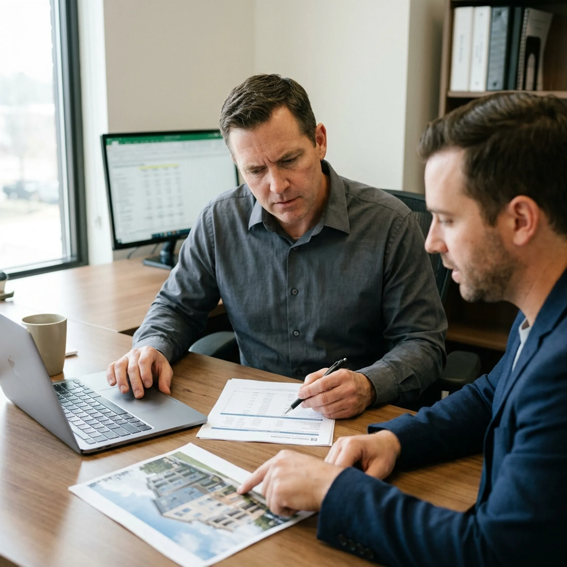 Real estate investor reviewing hard money loan documents with a lending advisor