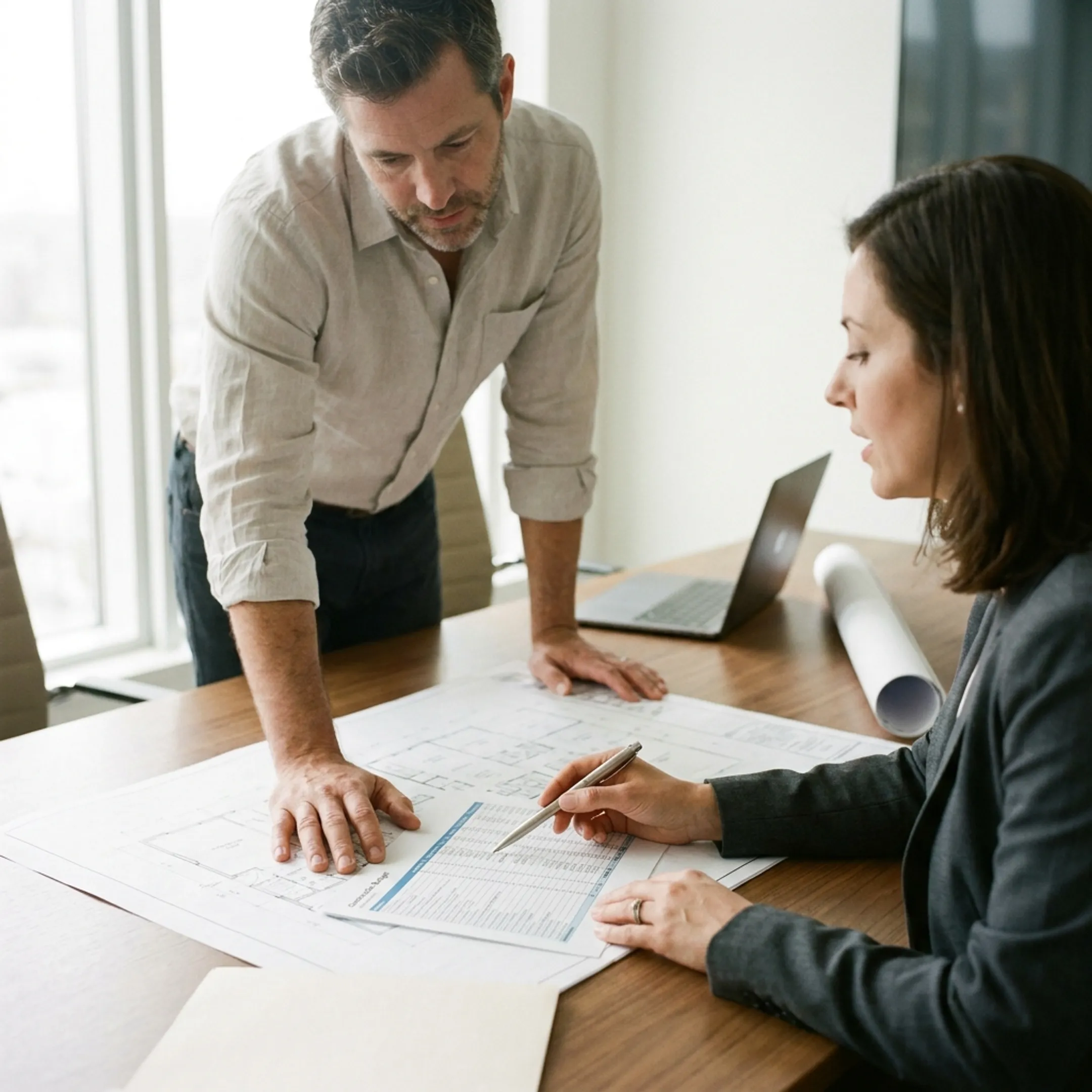 Construction development plans and financial documents on desk
