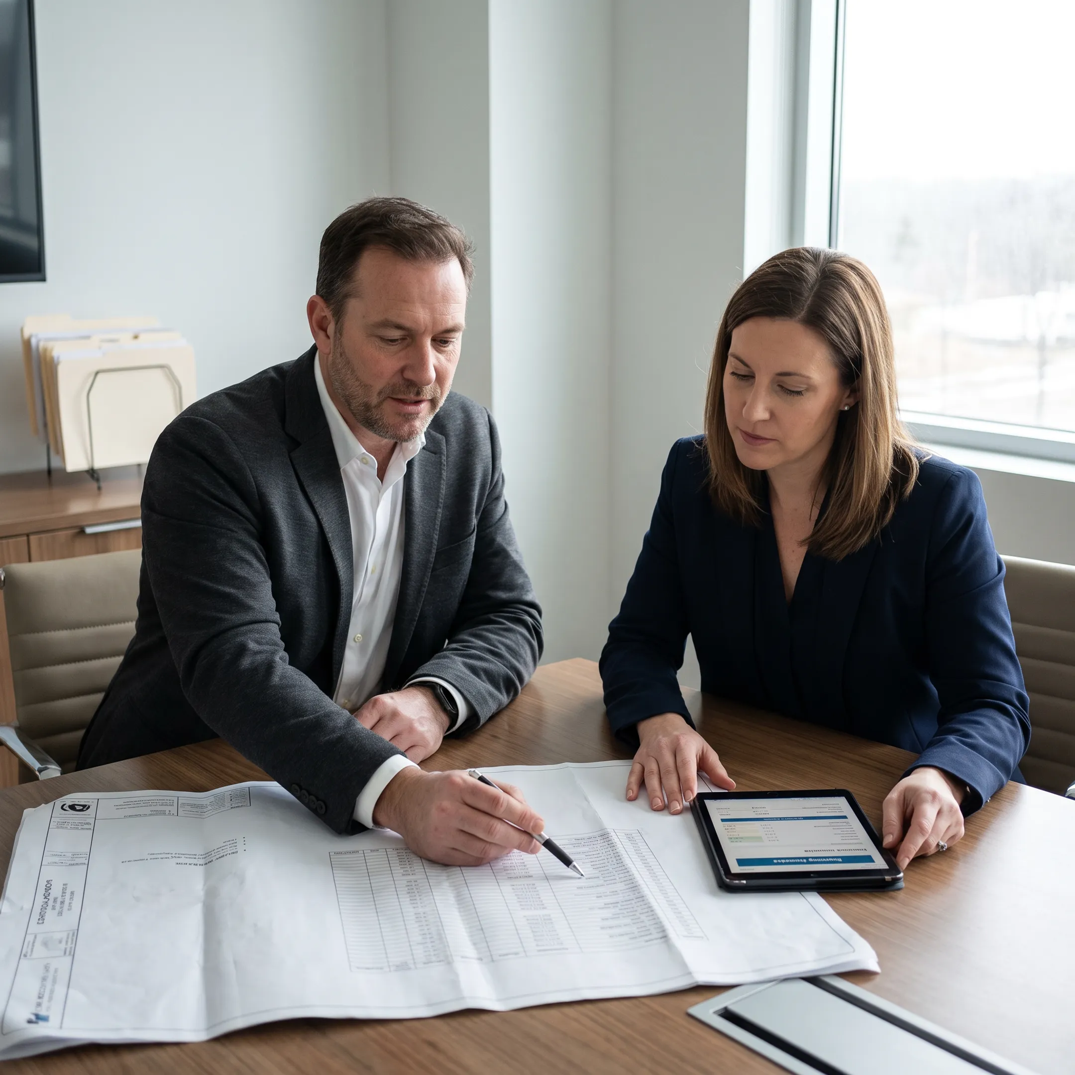 Developer reviewing construction loan plans with financial advisor