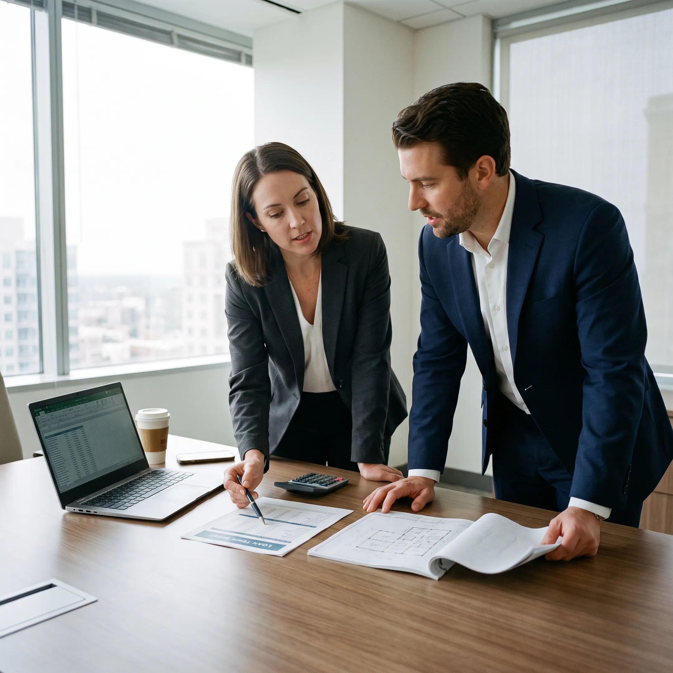 Commercial real estate professionals reviewing property financing documents