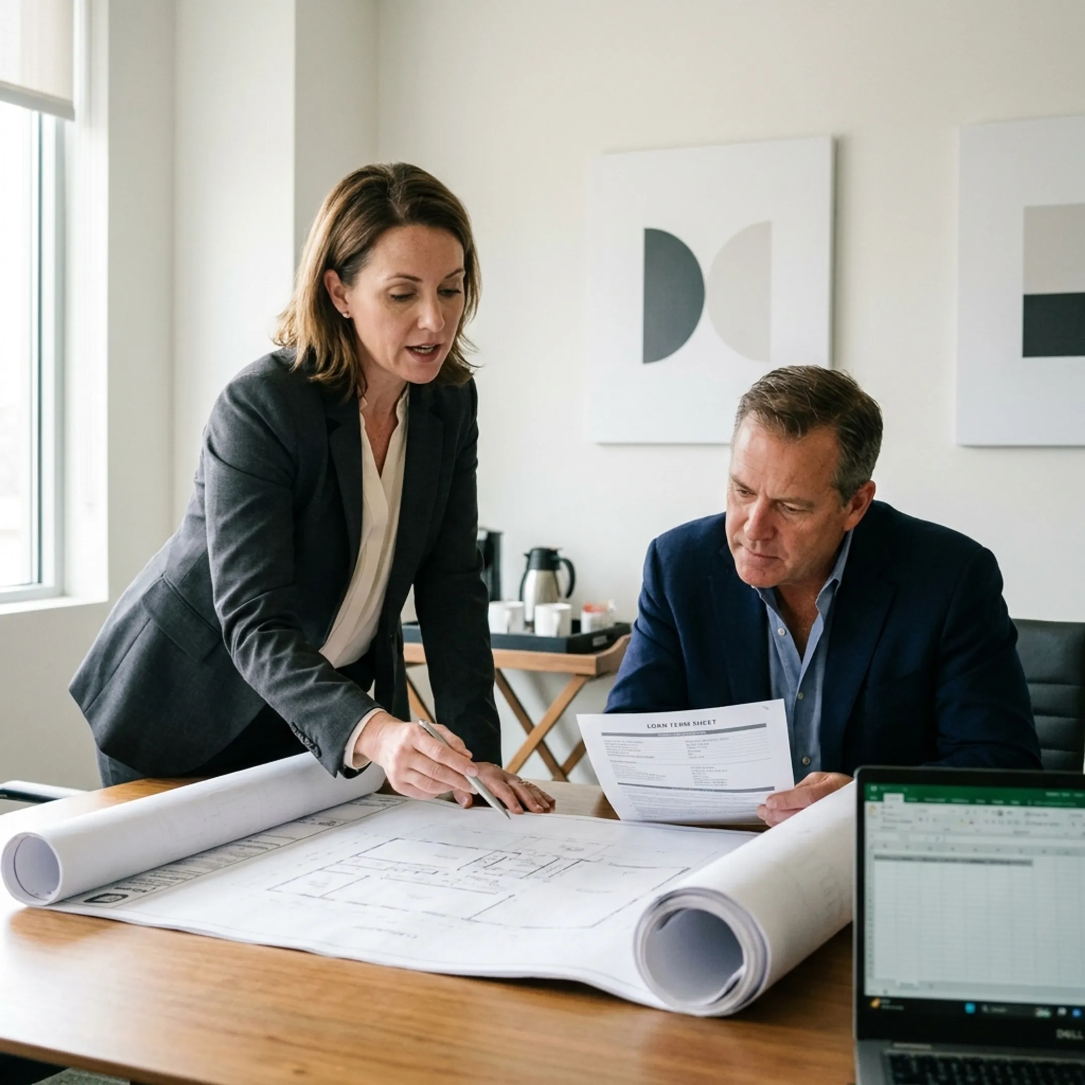 Professionals reviewing an industrial property financing plan