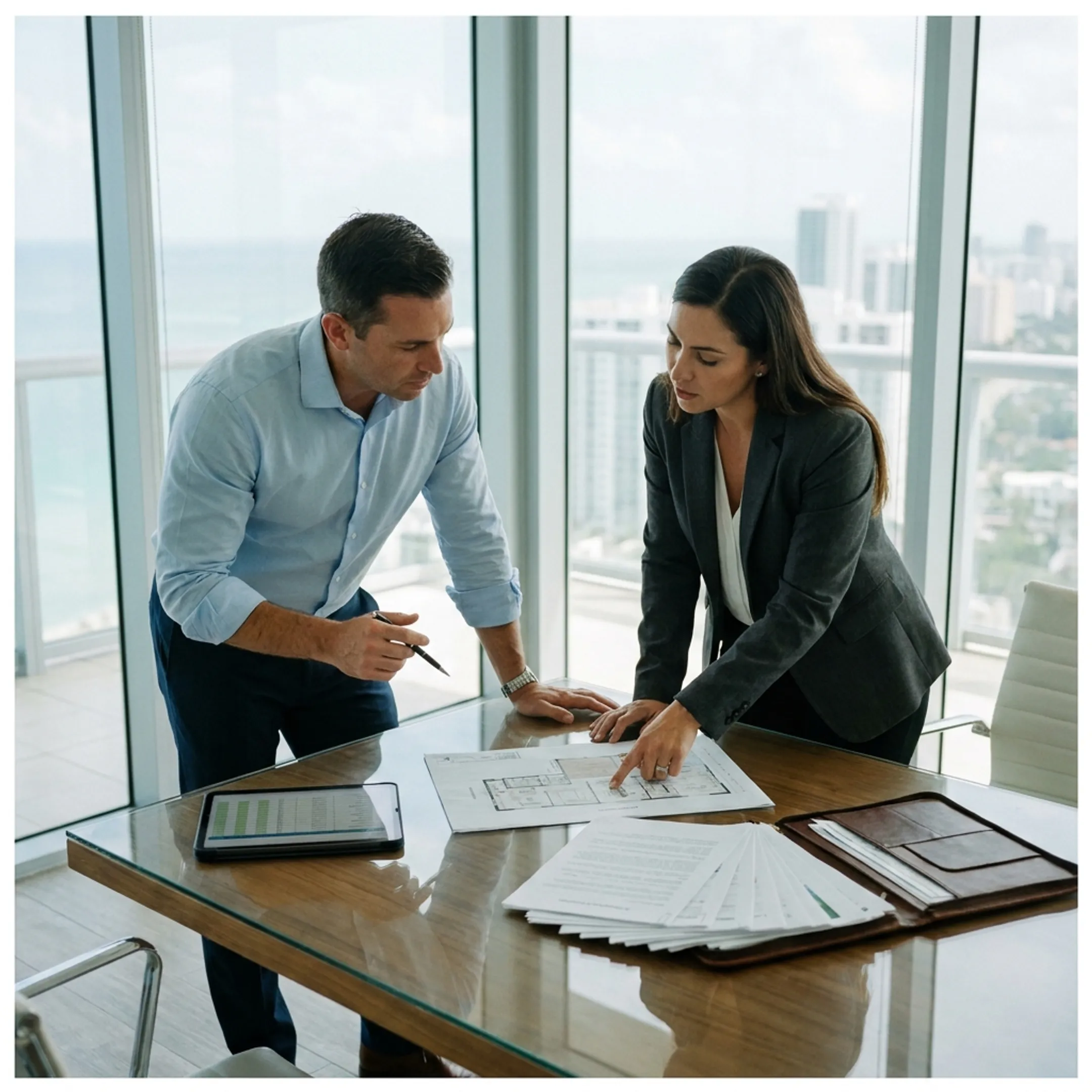 Investor reviewing Miami fix-and-flip financing documents with a lending advisor