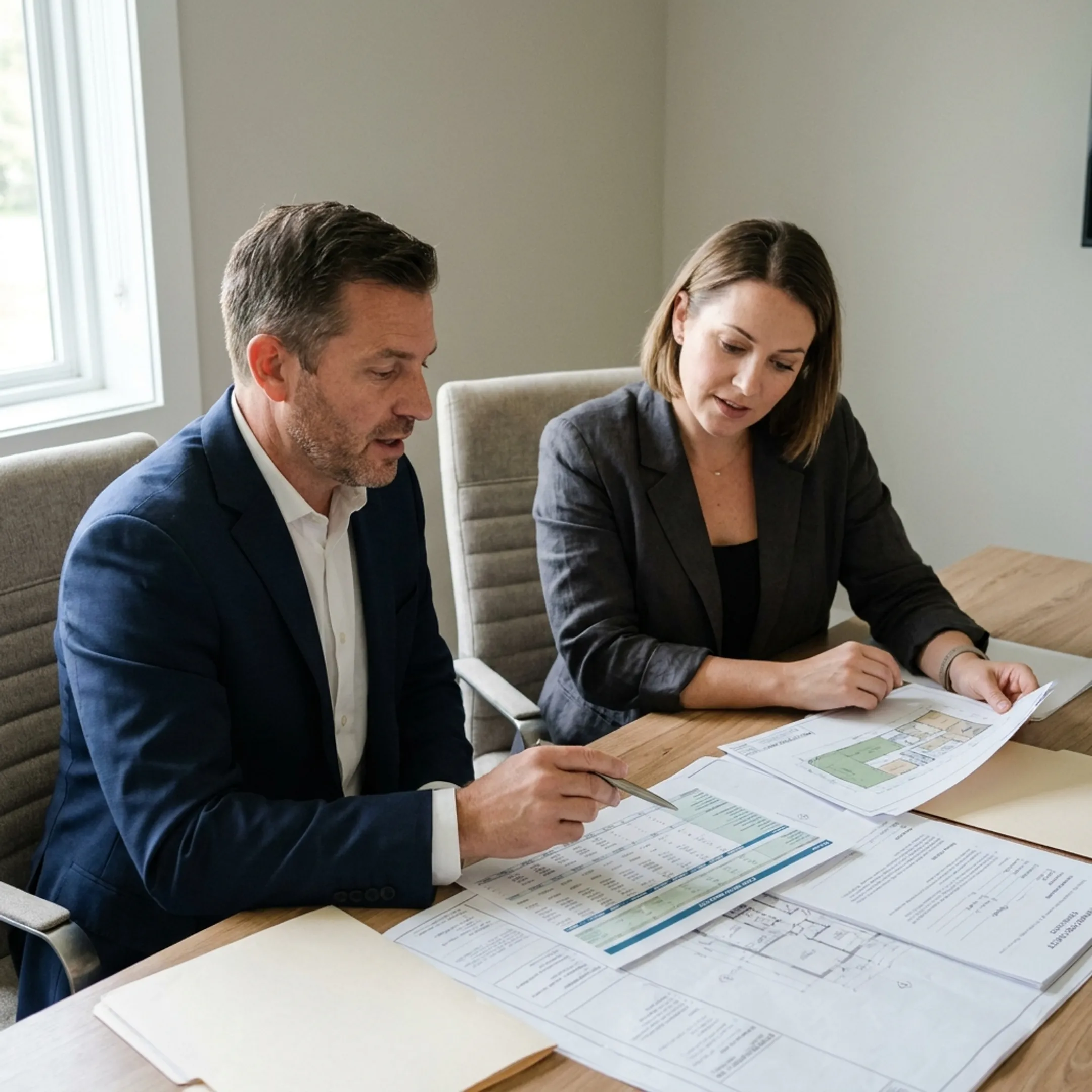 Advisor explaining commercial mortgage options to real estate investor