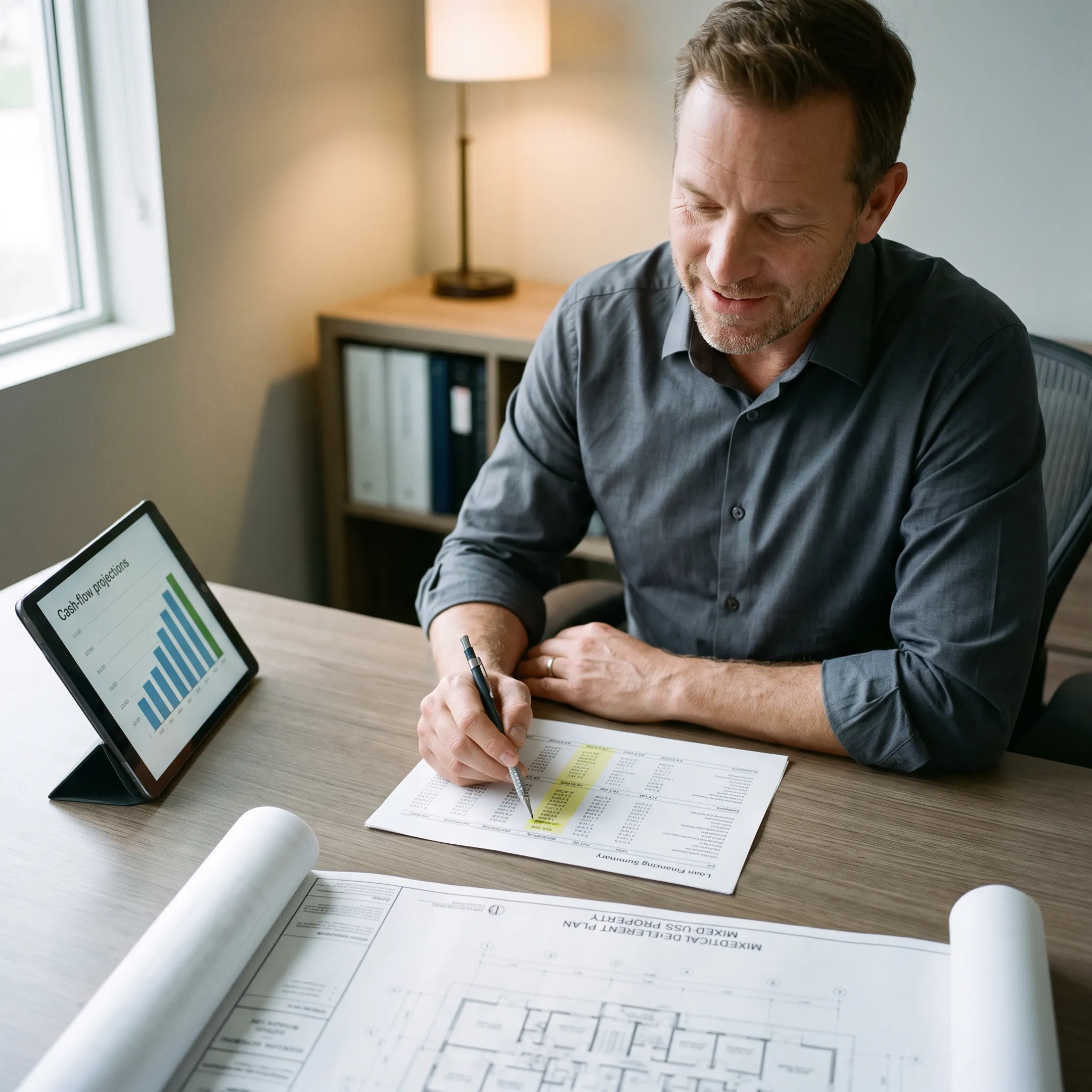 Commercial real estate investor reviewing financing documents with advisor