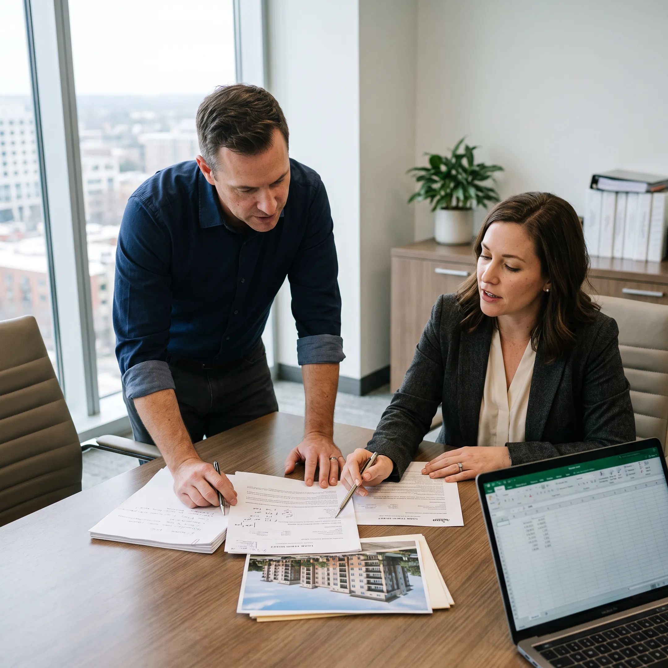 Investor reviewing multifamily property financing documents