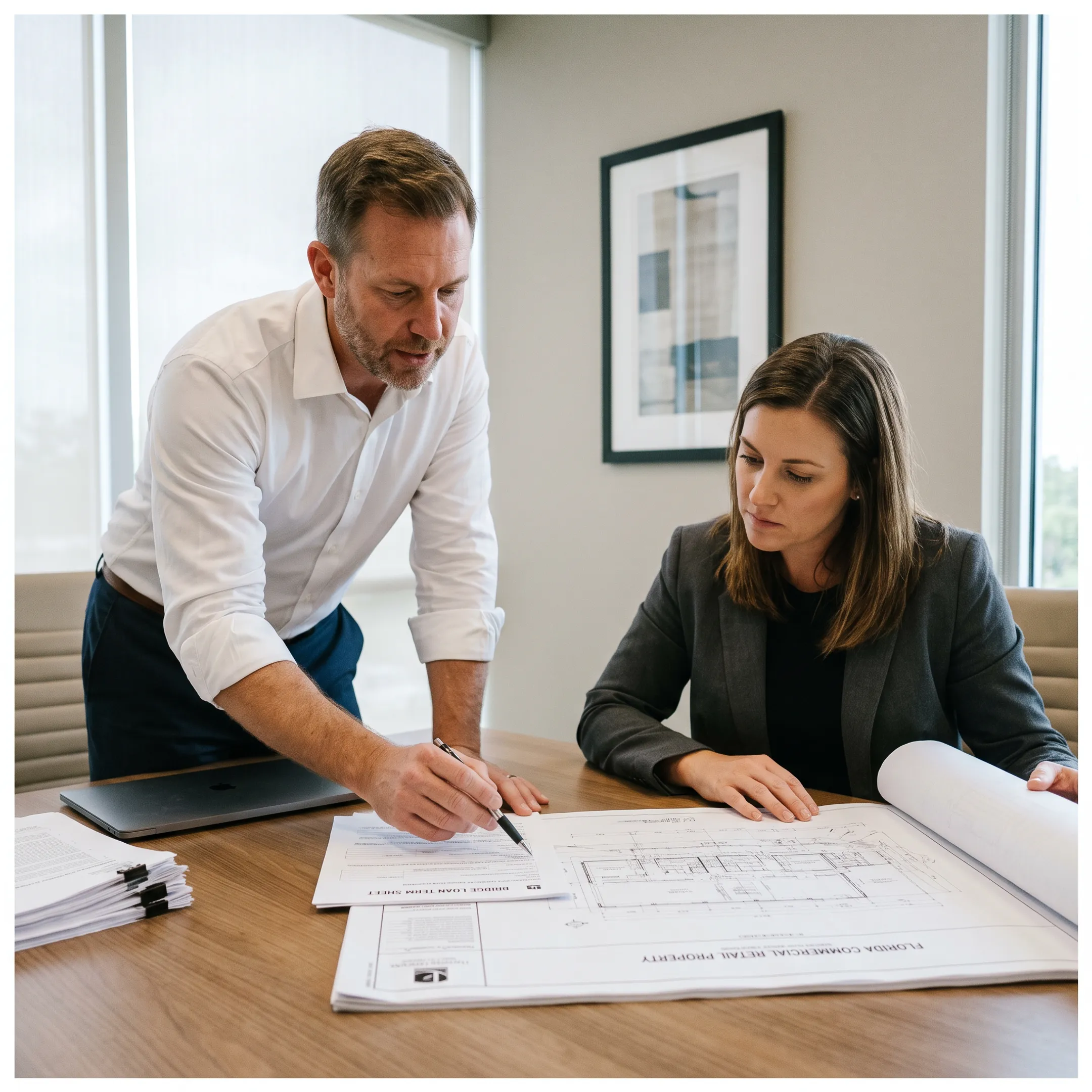 Florida real estate investor reviewing bridge loan documents with lending advisor