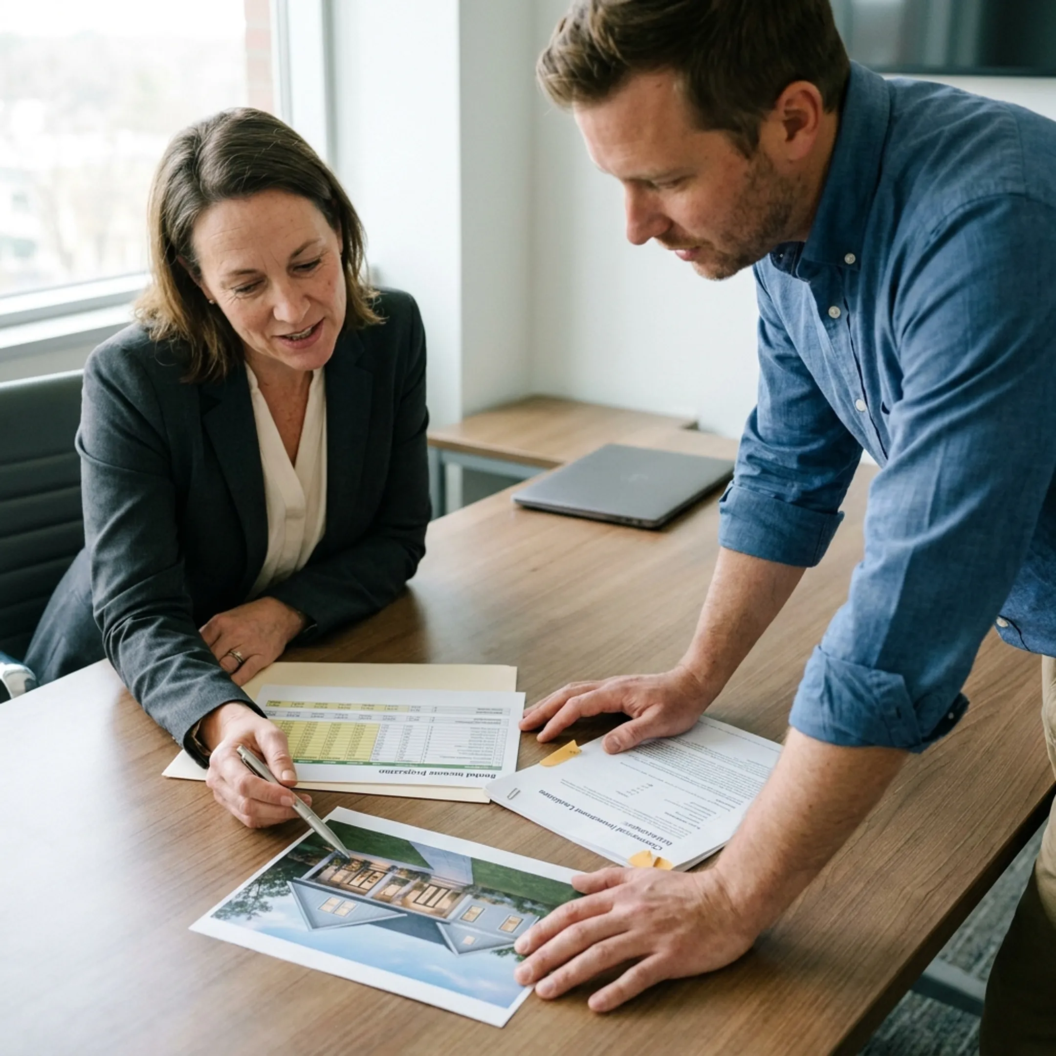 Investor and lending specialist discussing a rental property renovation loan