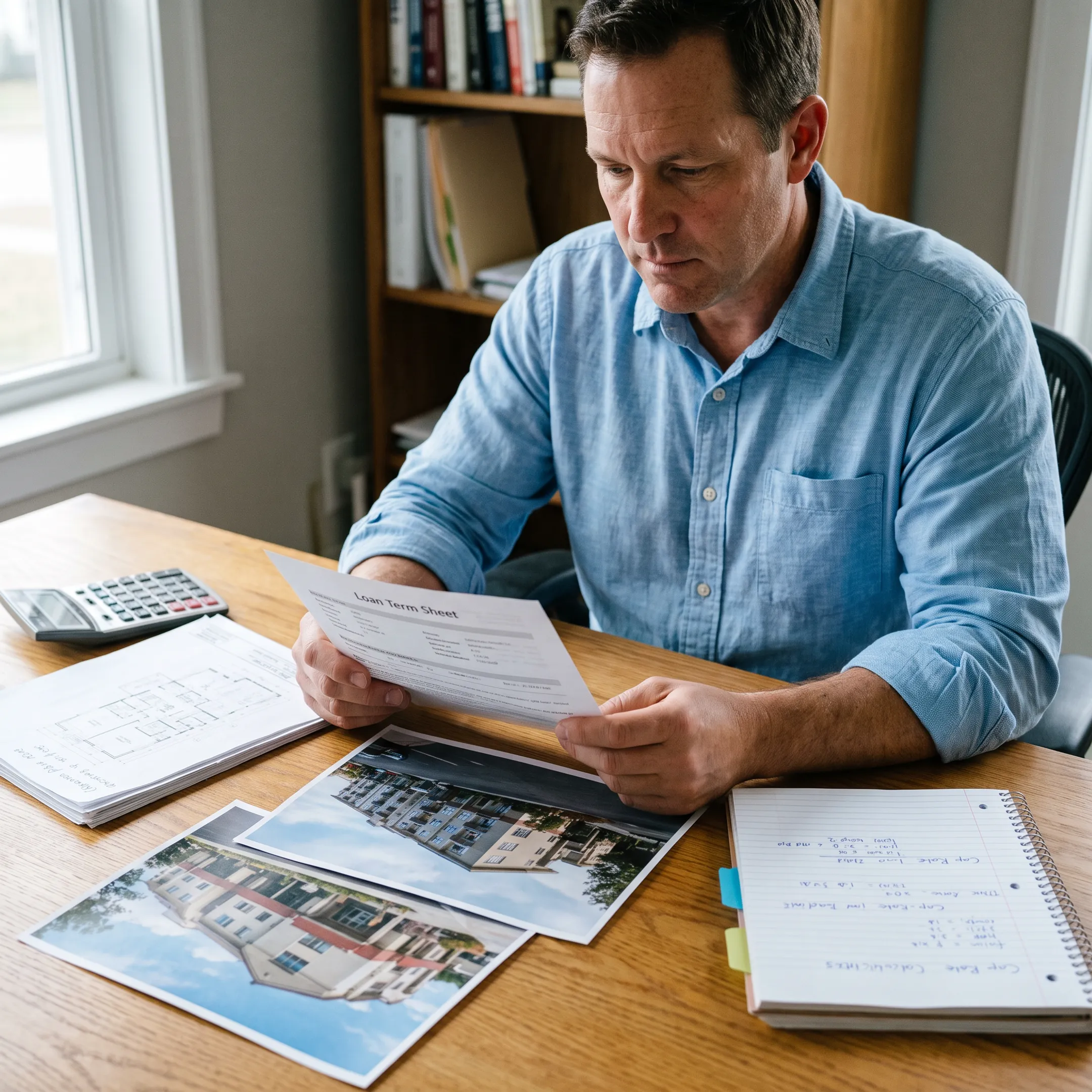 Real estate investor reviewing renovation financing plans for a rental property