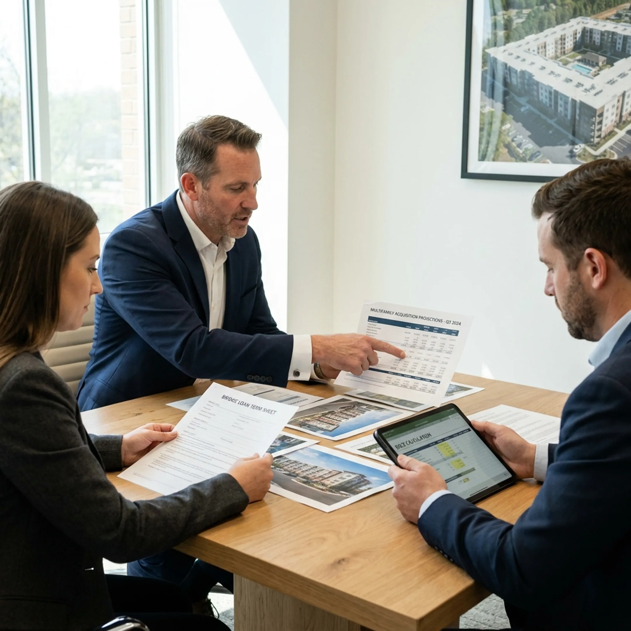 Lender reviewing multifamily bridge financing documents with a real estate investor