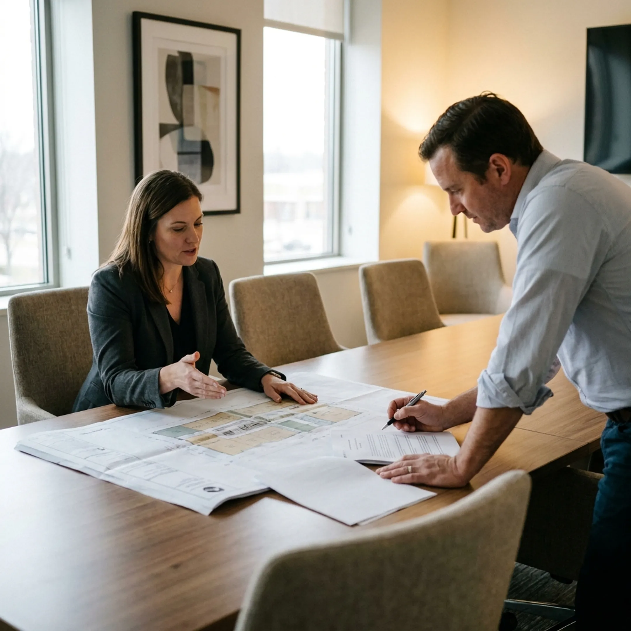 Advisor discussing commercial property financing with investor