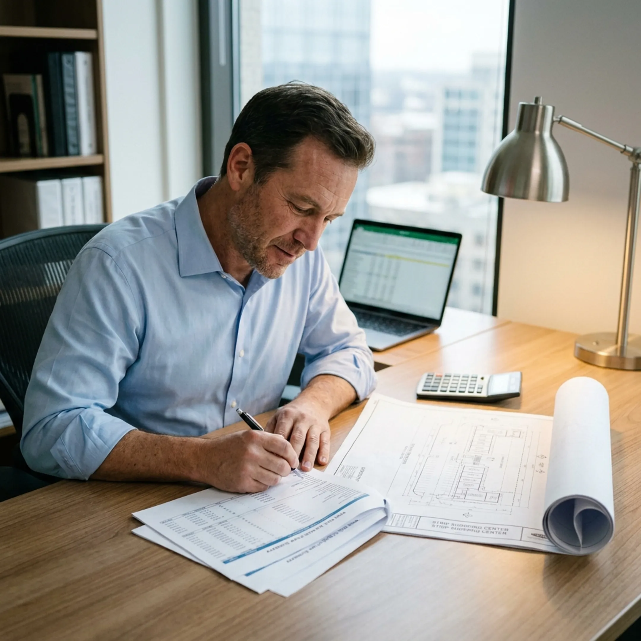 Investor reviewing shopping center financing documents