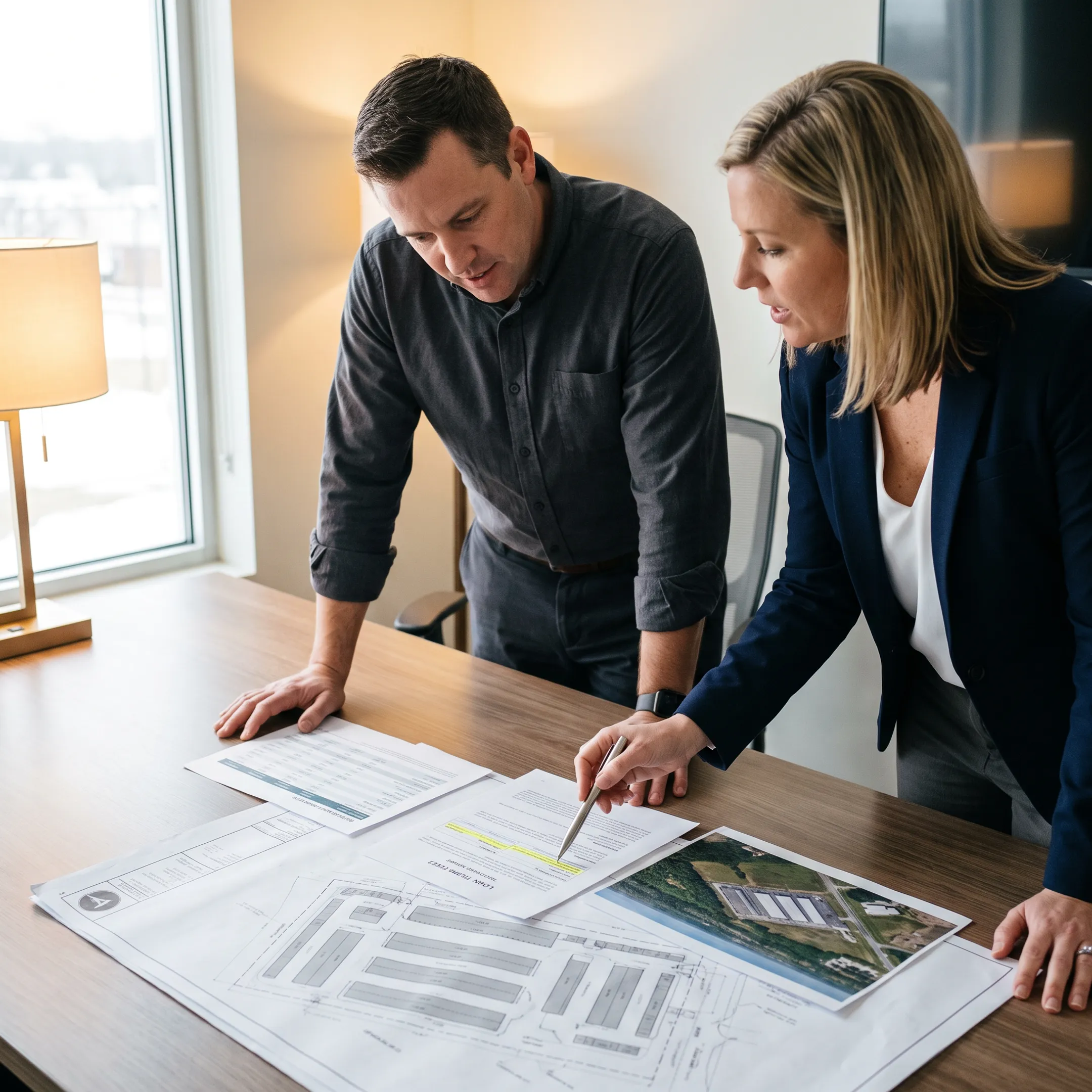 Investor reviewing self-storage facility financing documents with lending advisor