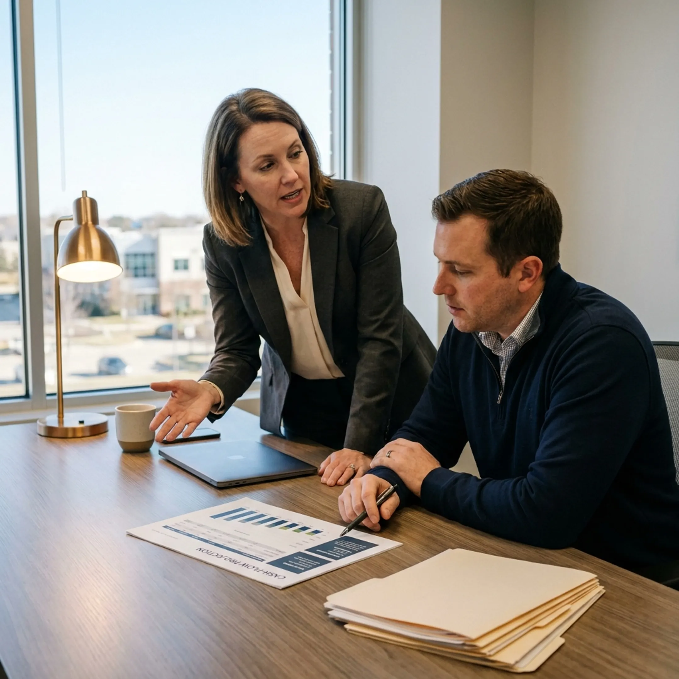 Real estate investor discussing financing strategy with lending specialist