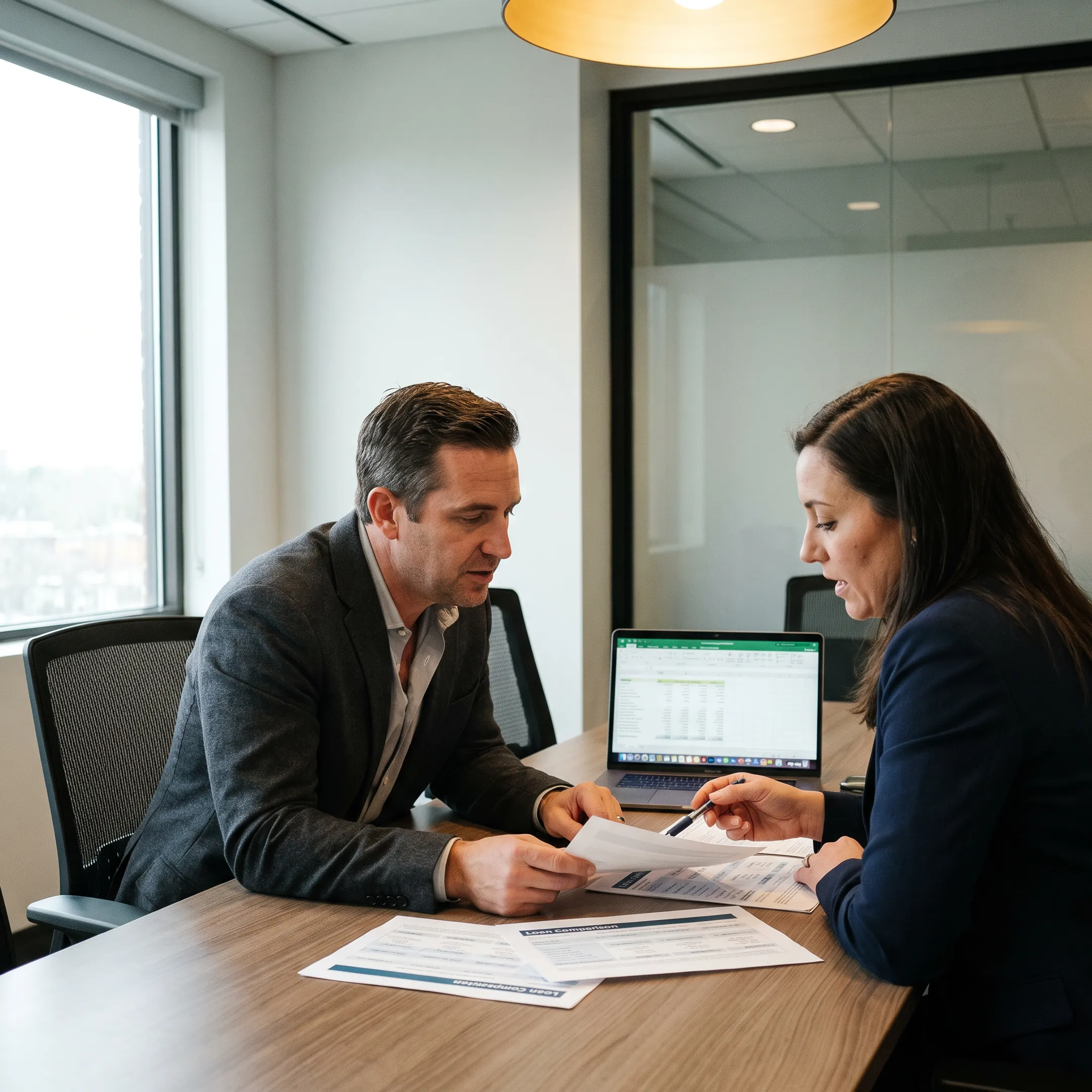 Investor reviewing investment property financing options with mortgage broker