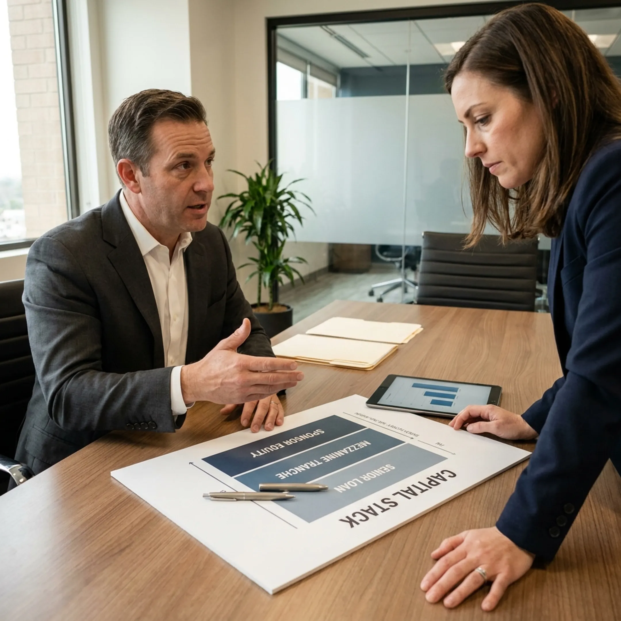 Advisor explaining layered real estate financing to an investment sponsor
