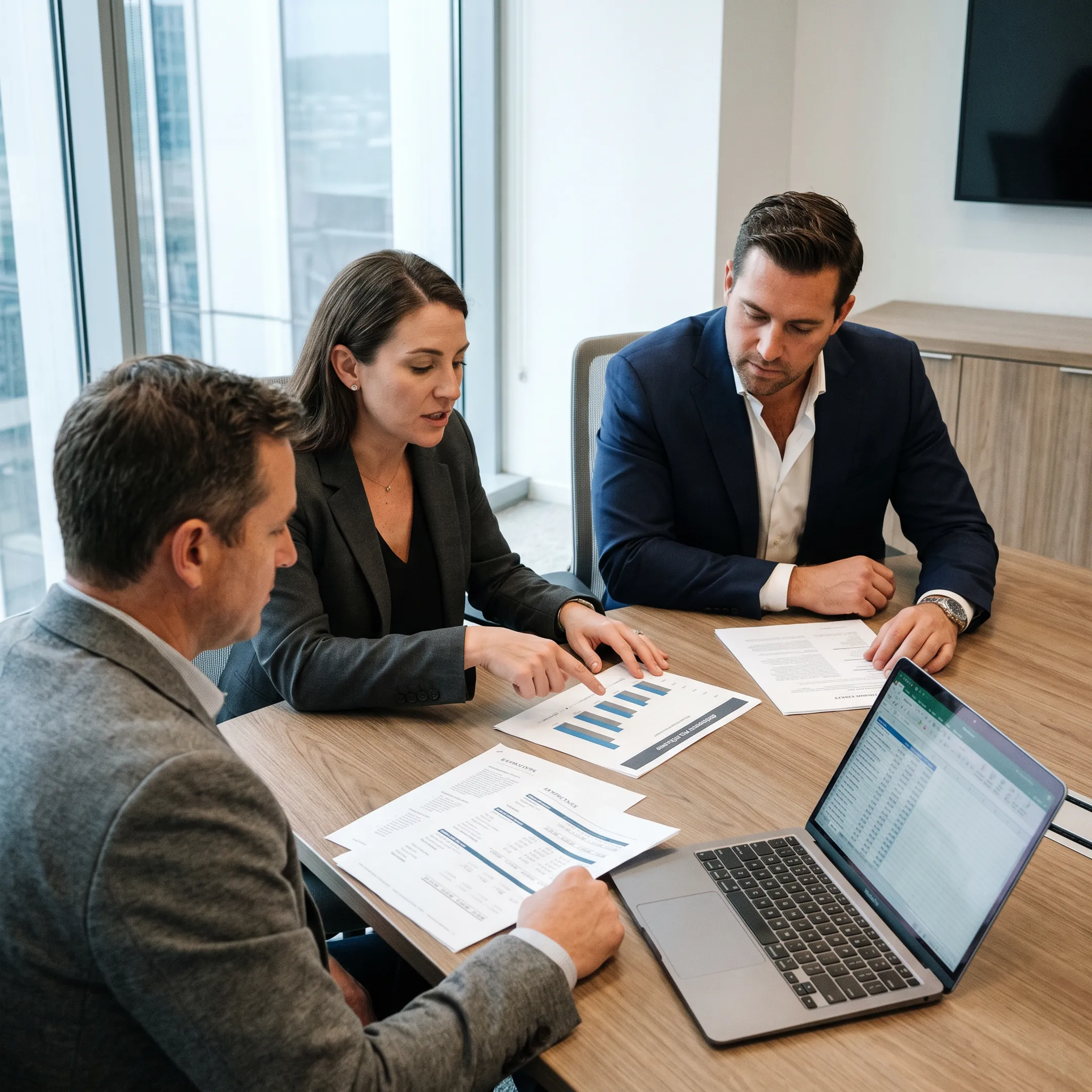 Financial professionals reviewing mezzanine financing documents with a real estate investor