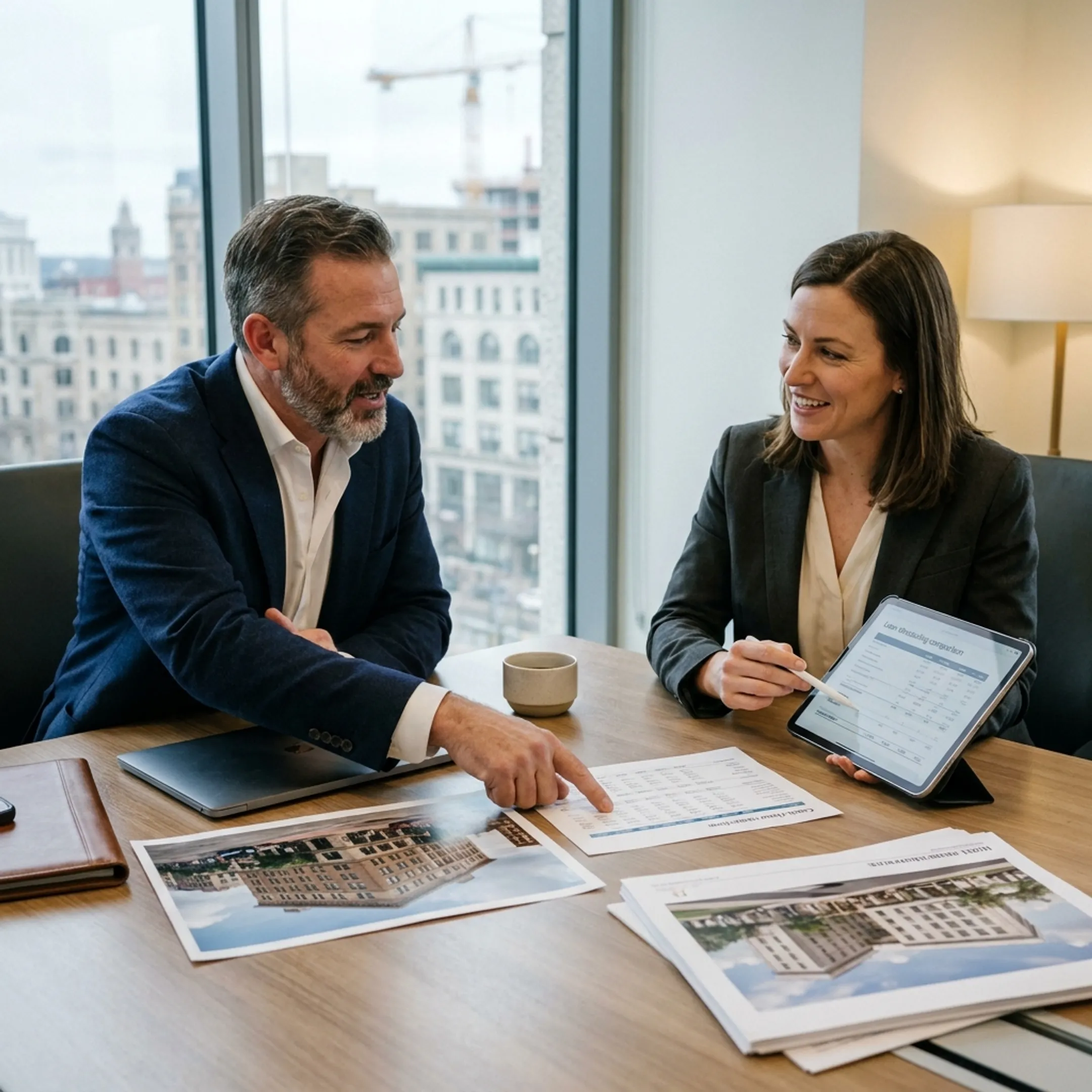 Hotel investor discussing financing strategy with lending professional