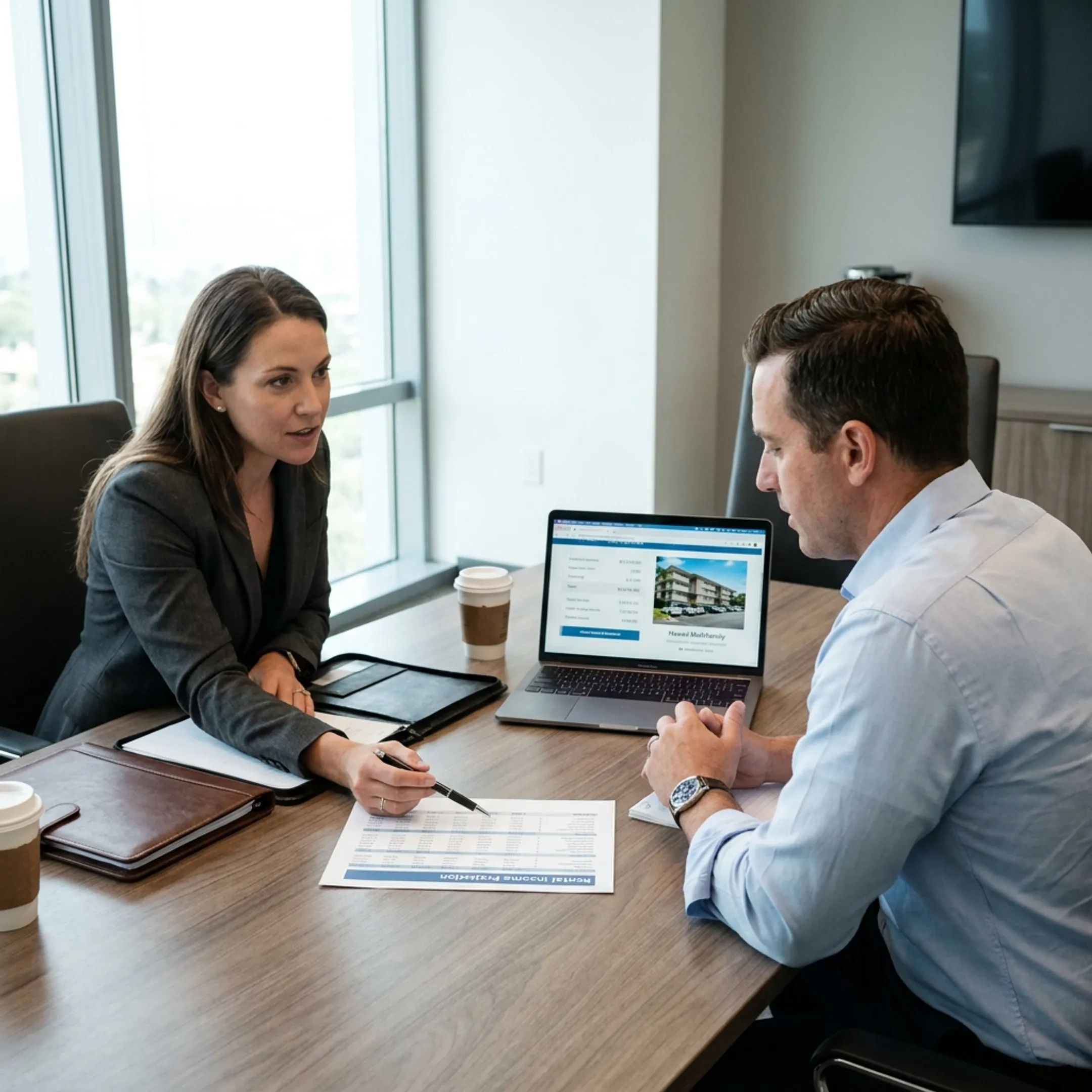 Lending advisor discussing property cash flow with real estate investor