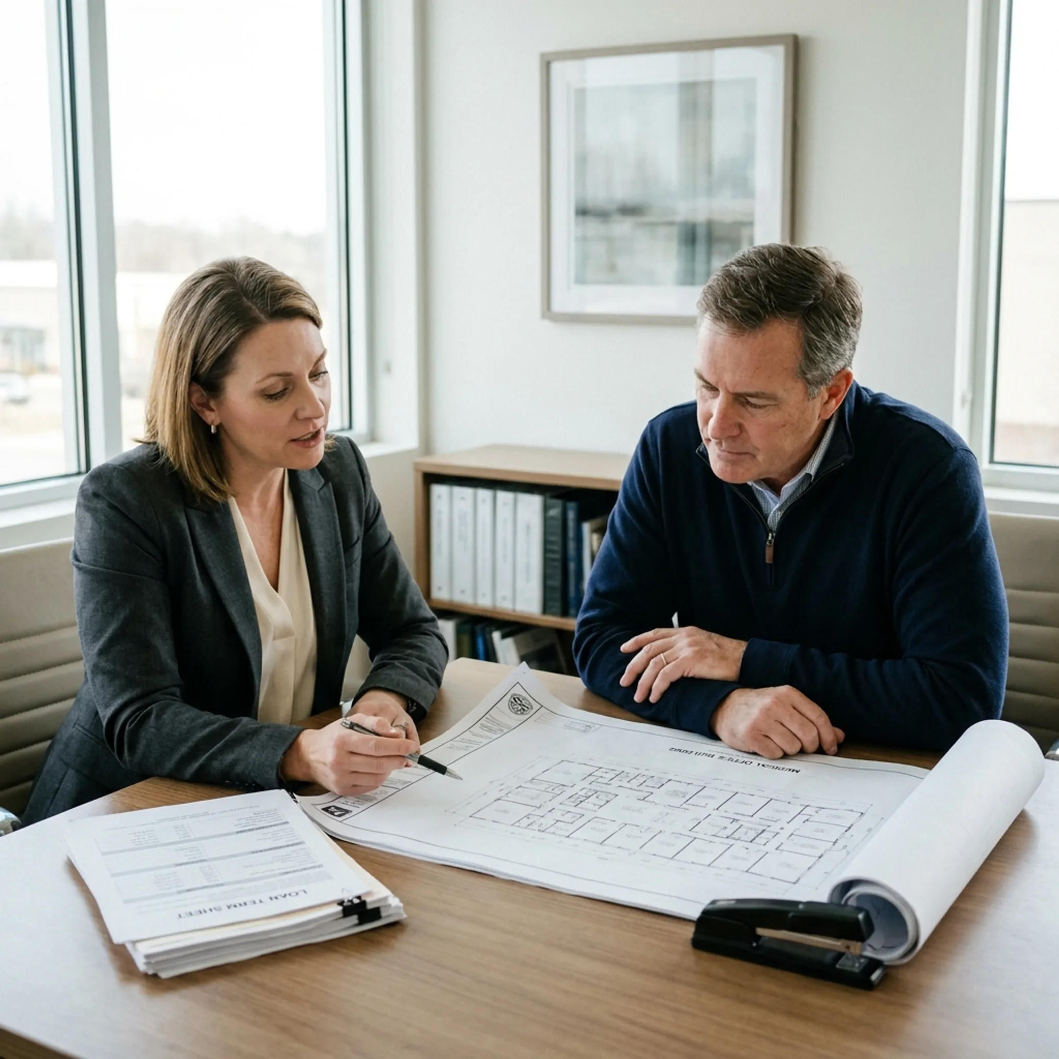 Investor reviewing medical office financing plans with financial advisor