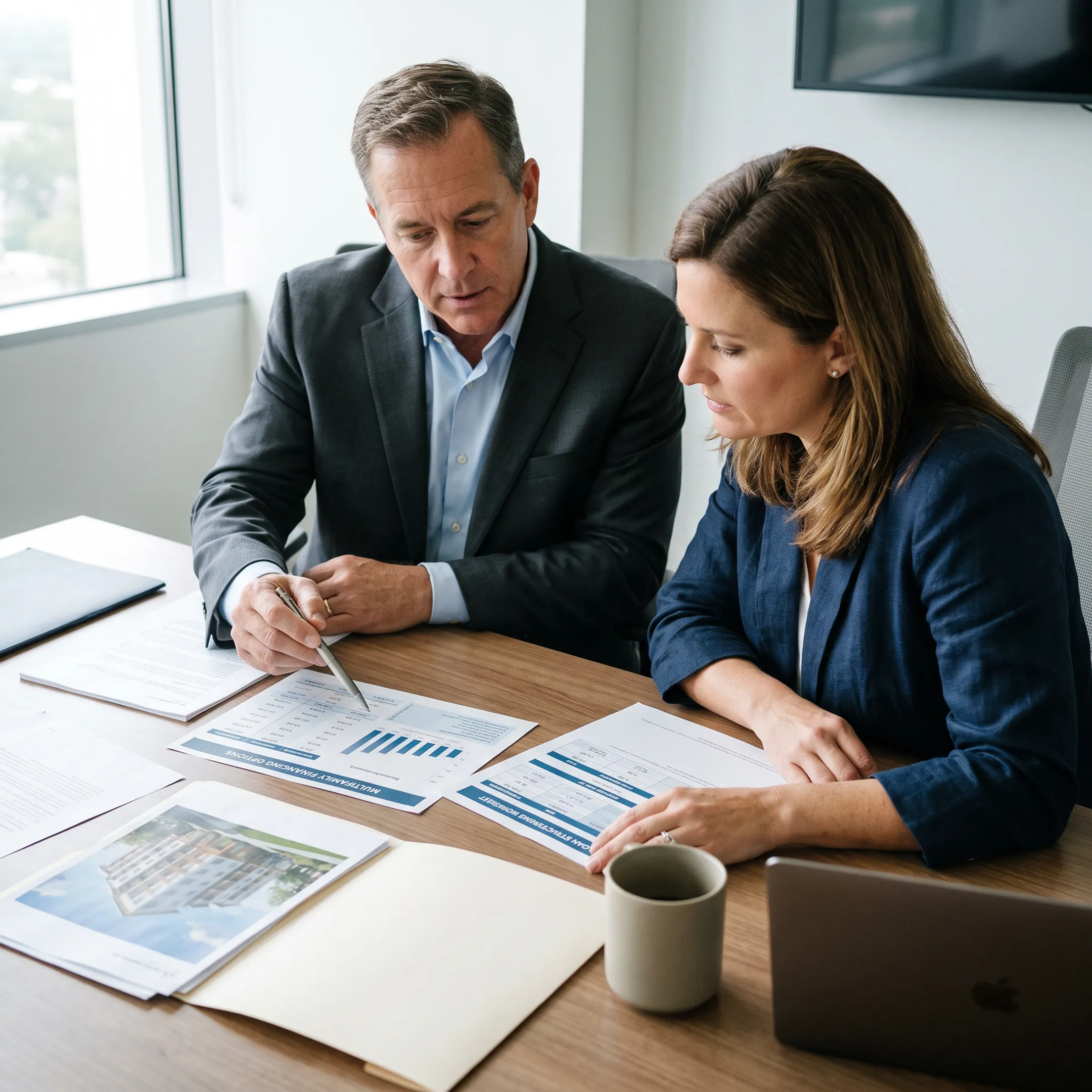 Investor reviewing small multifamily loan documents with a lending advisor